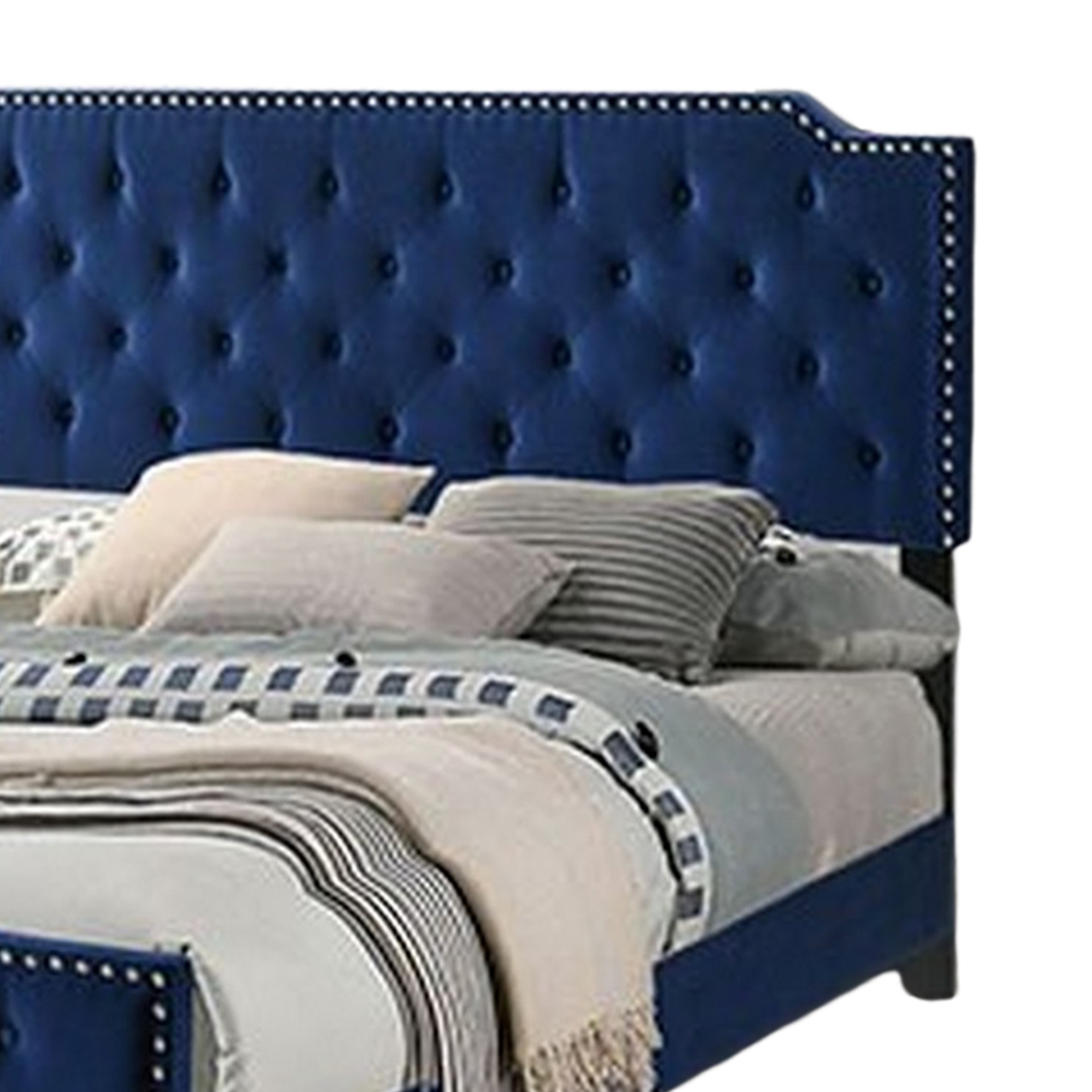 Agapi California King Bed, Button Tufted, Nailhead Trim, Navy Upholstery - Saltoro Sherpi