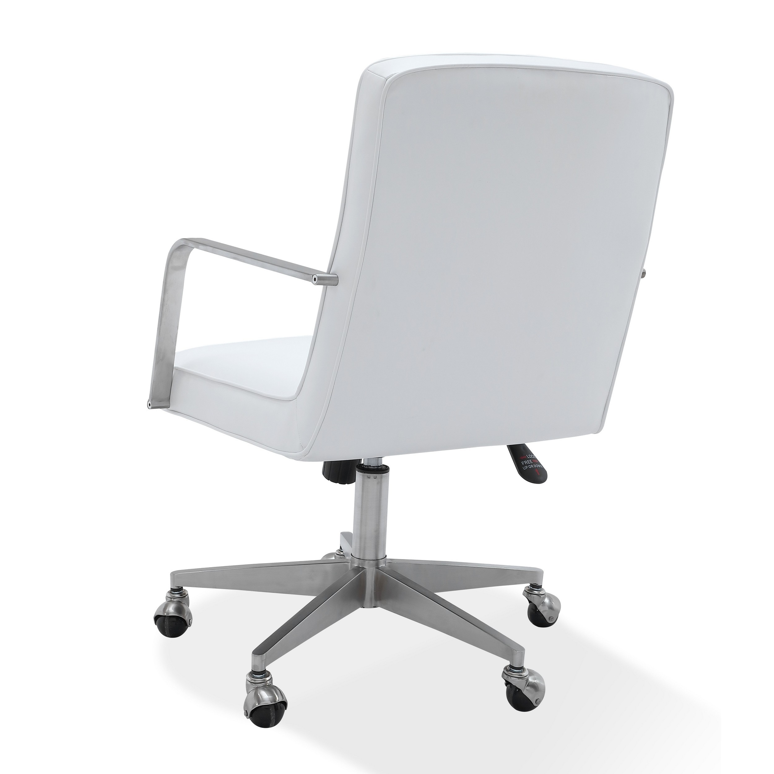 Rux 26 Inch Office Swivel Chair, White Faux Leather, Rolling Steel Base -Saltoro Sherpi
