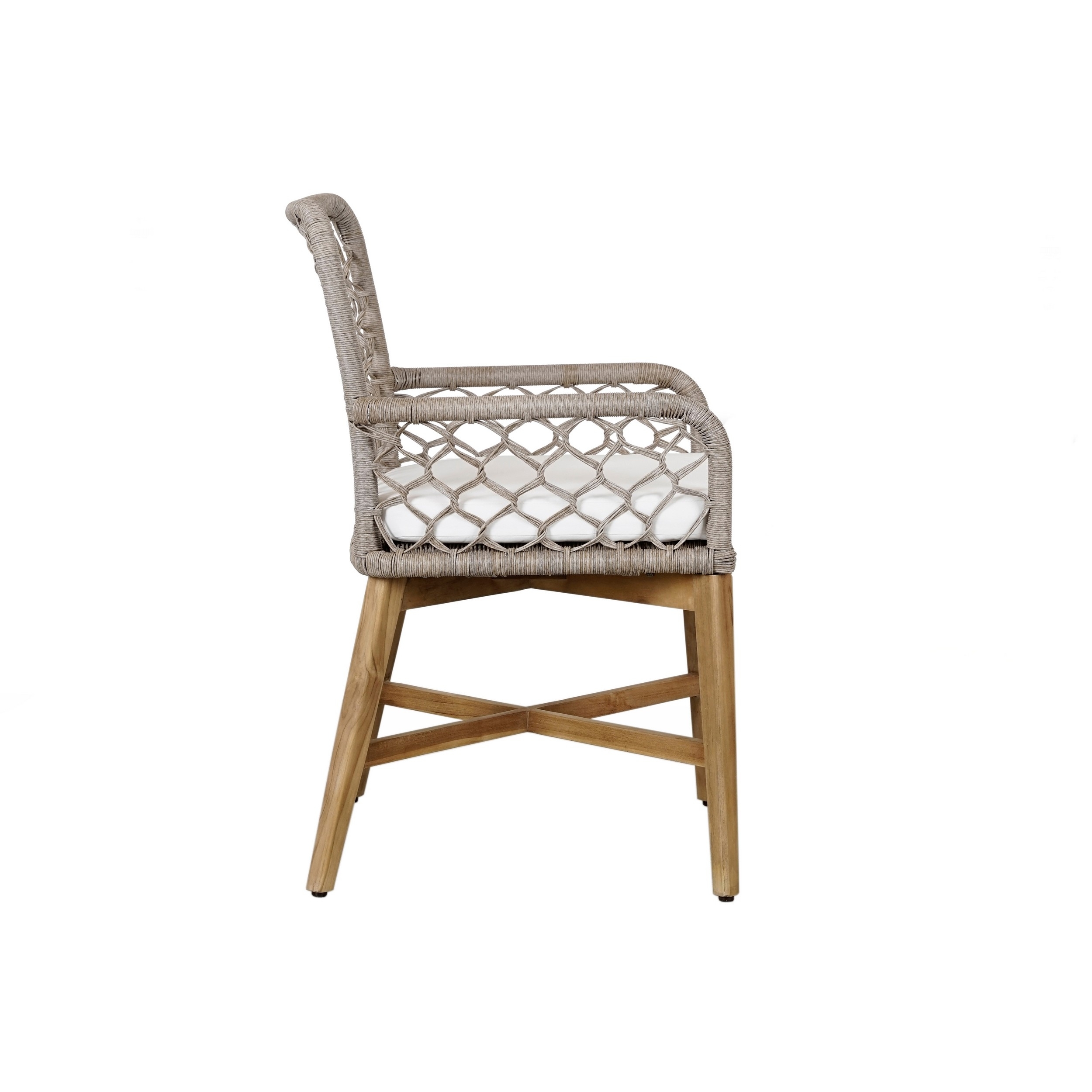Aok 23 Inch Teak Outdoor Dining Chair, Gray Woven Rope, Curved Back, Brown -Saltoro Sherpi