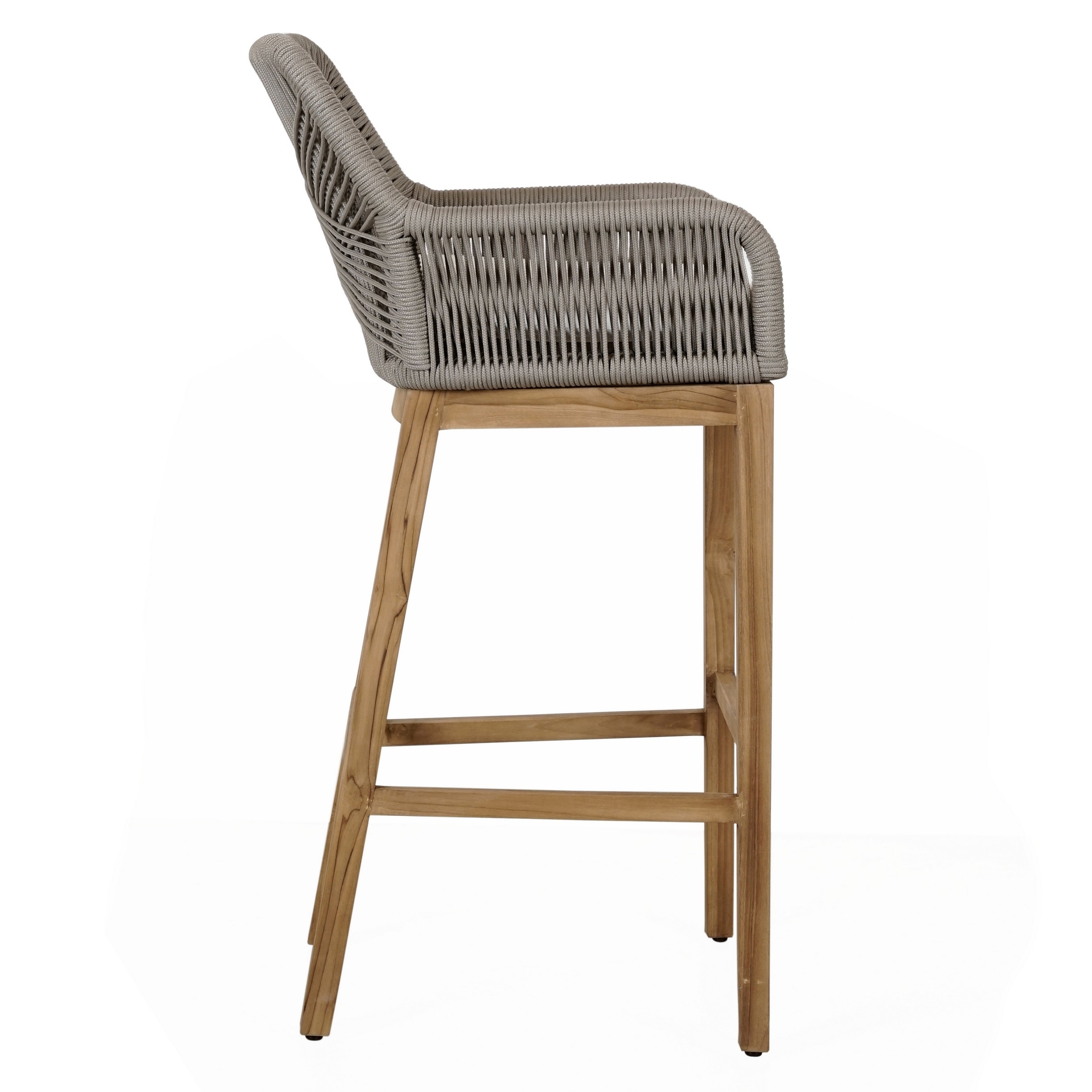 Navi 33 Inch Outdoor Barstool Chair, Woven Rope Crossed, Gray, Brown Teak -Saltoro Sherpi