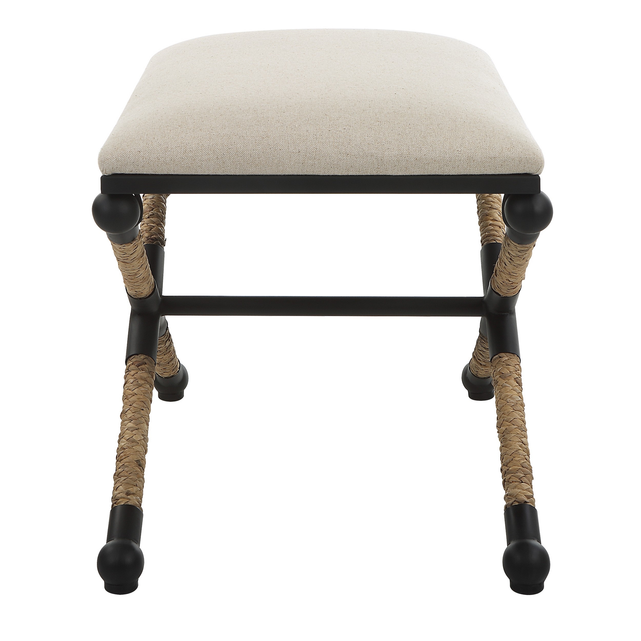 24 Inch Accent Stool, Cusioned Seat, Iron Black Frame, Off White Upholstery -Saltoro Sherpi