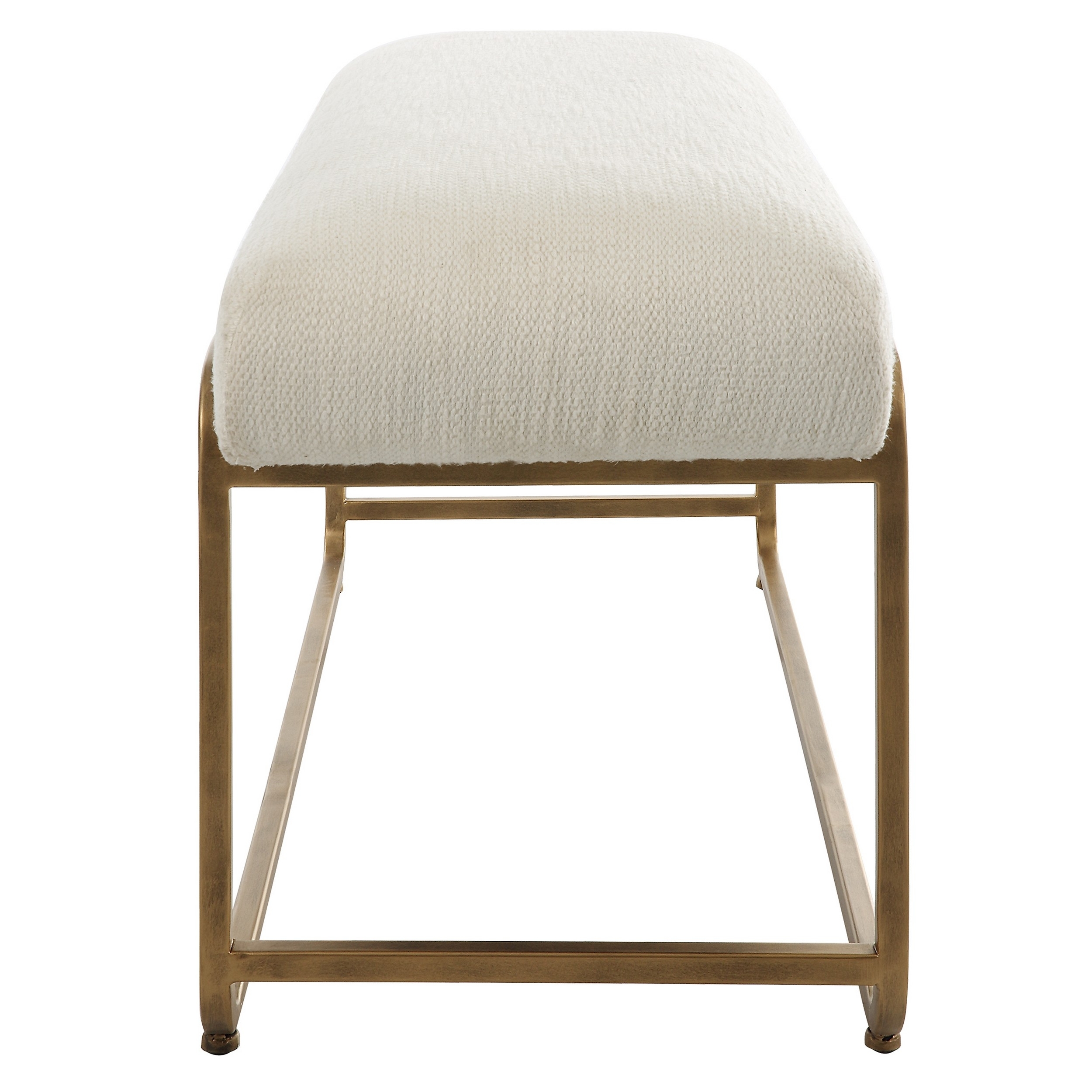 47 Inch Accent Stool, Cushioned, Antique Brushed Brass Frame, Off White -Saltoro Sherpi