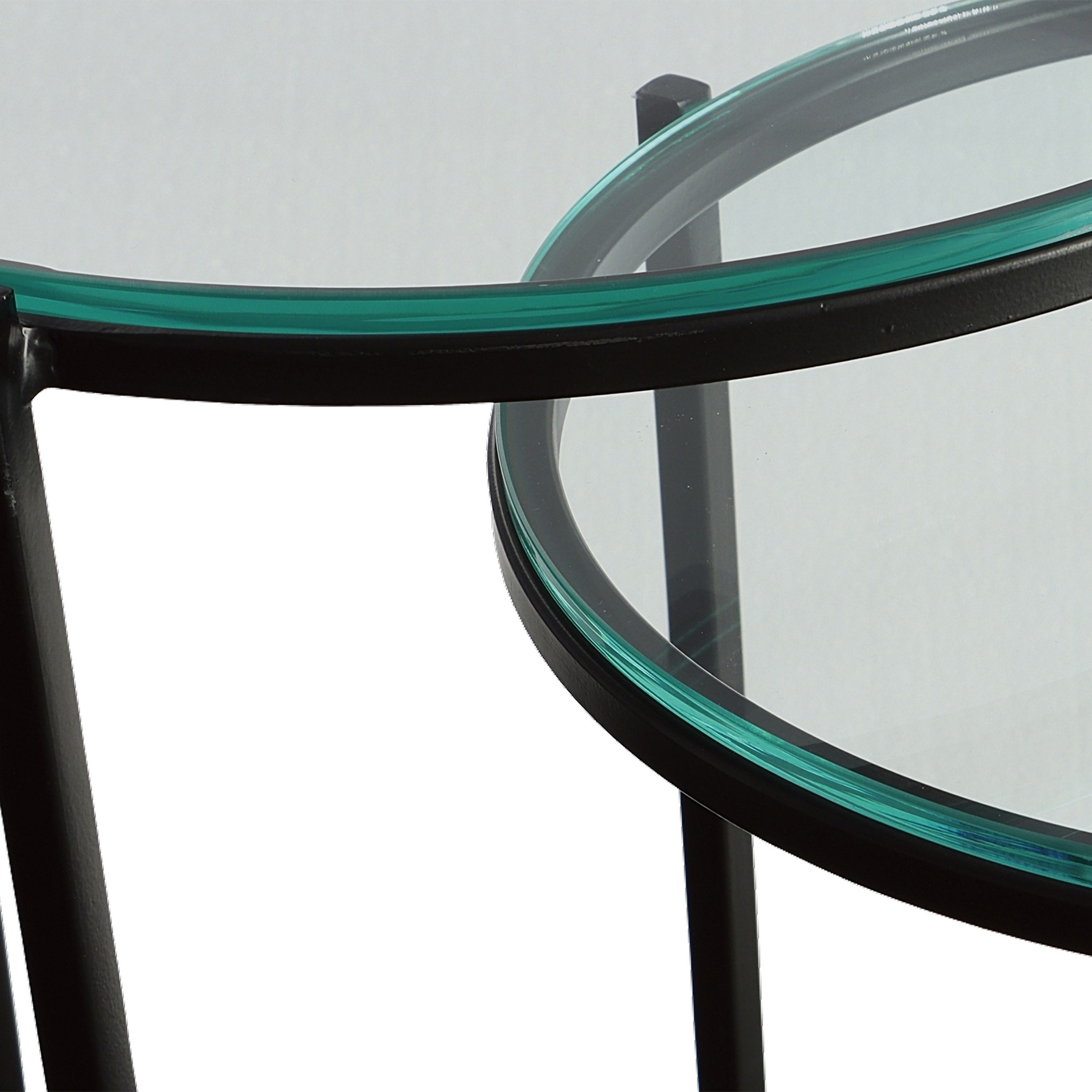Set Of 2 Nesting Tables, Round Clear Tempered Glass Tabletop, Black Frame -Saltoro Sherpi