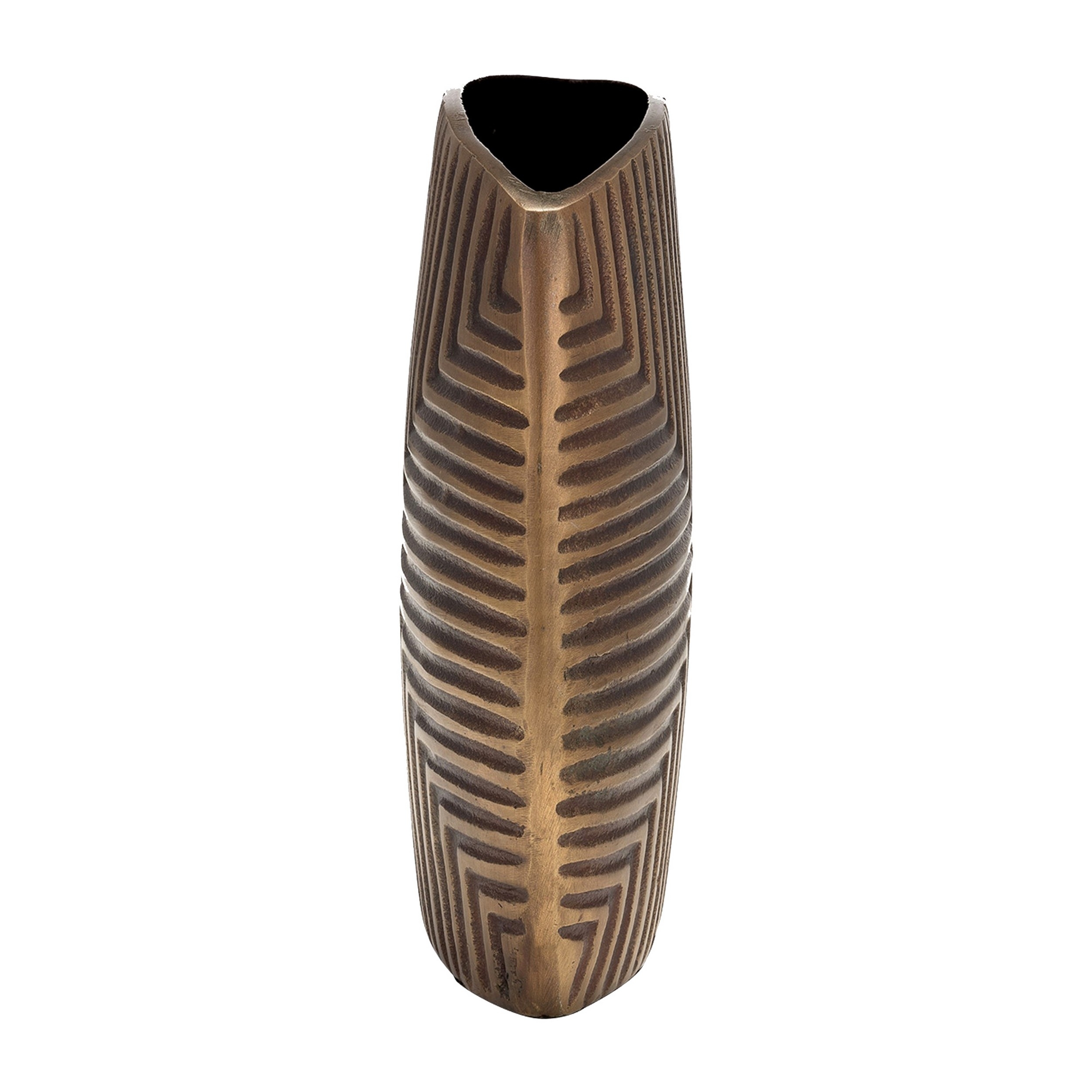 Ako 10 Inch Vase, Modern, Ribbed Body Design, Curved Top, Antique Brass -Saltoro Sherpi