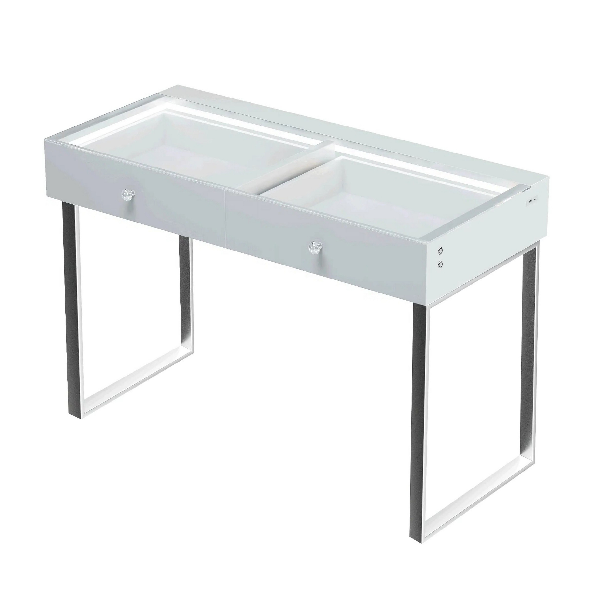 Yli 39 Inch Vanity Desk Pro, 2 Drawers, USB Port, RGB, Glass Tabletop White - Saltoro Sherpi