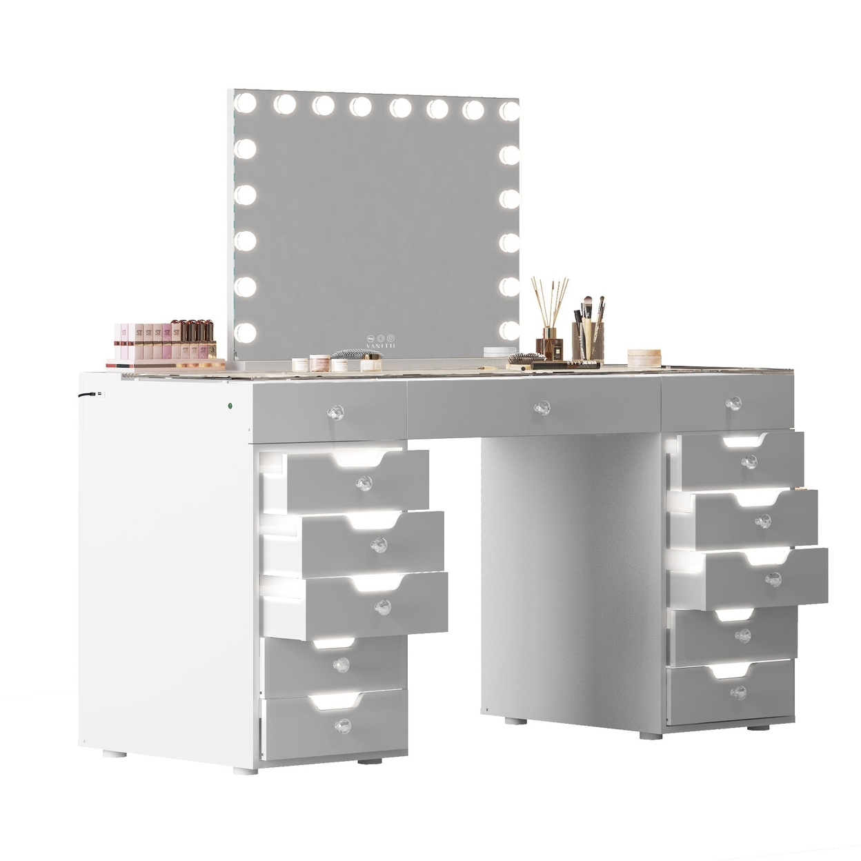Niki 60 Inch Vanity Desk Pro, 13 Drawers, USB, RGB, Glass Tabletop, White - Saltoro Sherpi
