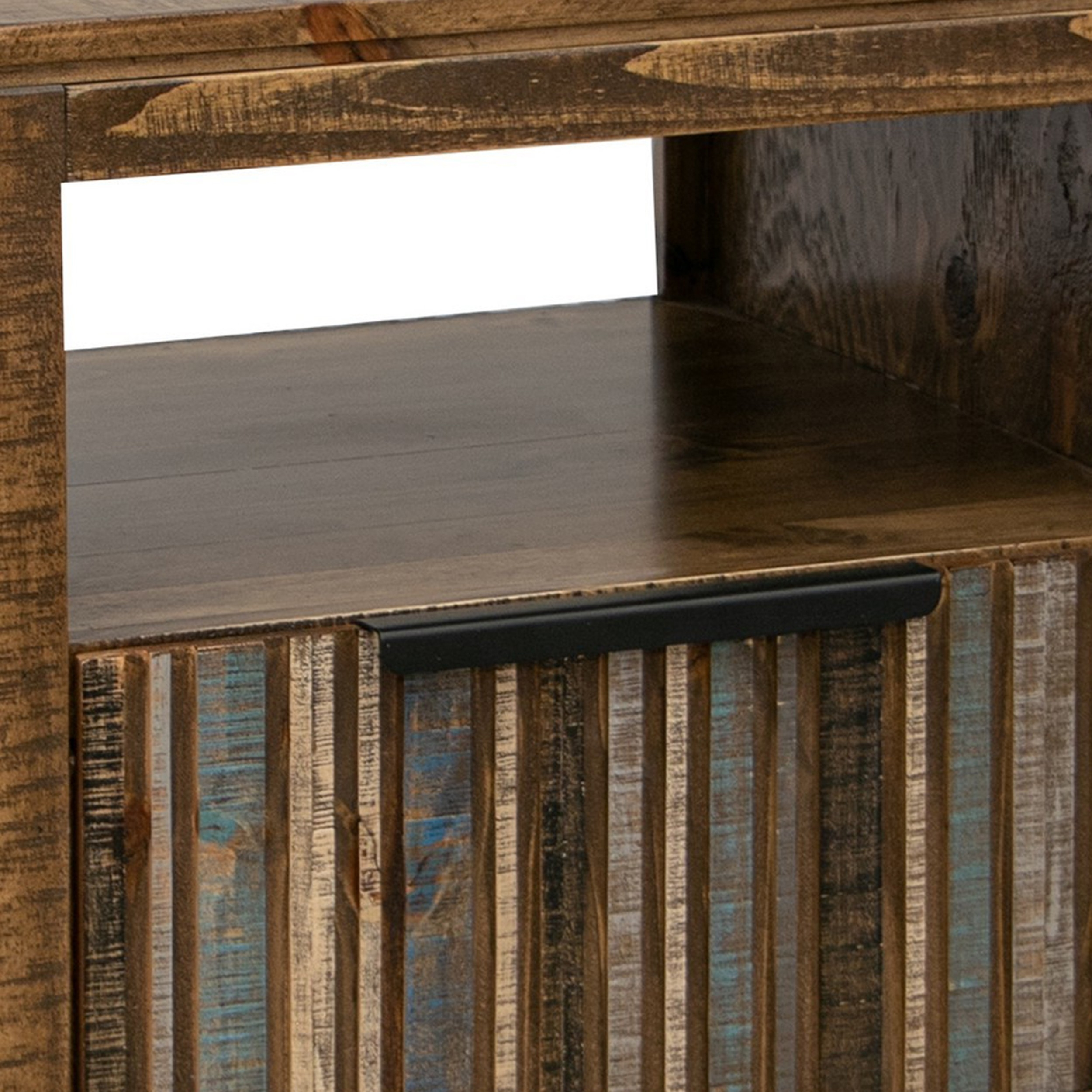 Texu 26 Inch Side End Table, Pine Wood, 1 Drawer, Open Shelf, Brown, Blue - Saltoro Sherpi