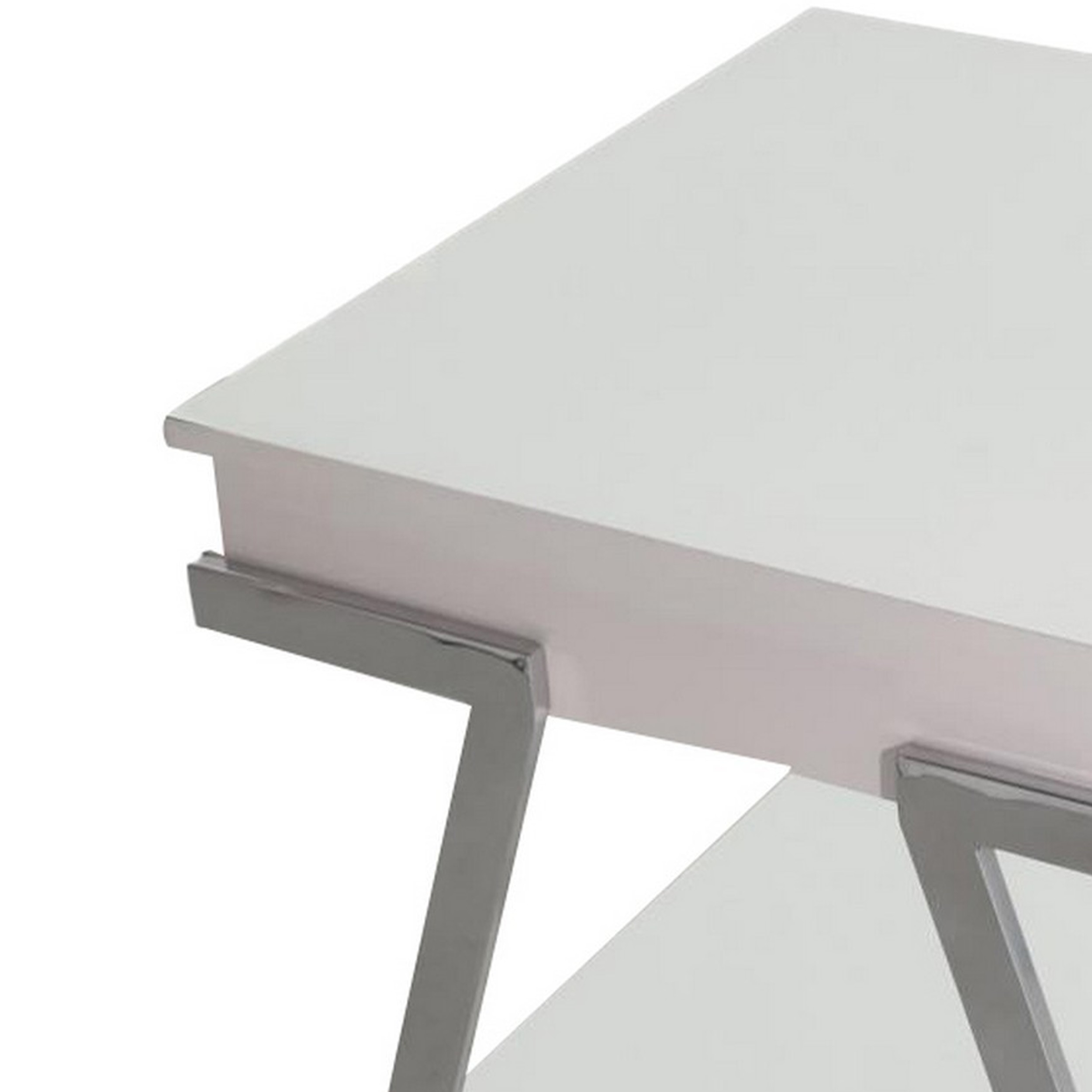 Casey 26 Inch End Table, Chrome Angled Metal Frame, Square Glossy White Top - Saltoro Sherpi