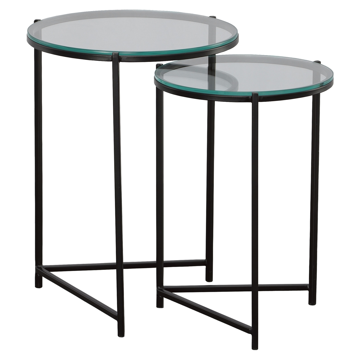 Set Of 2 Nesting Tables, Round Clear Tempered Glass Tabletop, Black Frame -Saltoro Sherpi