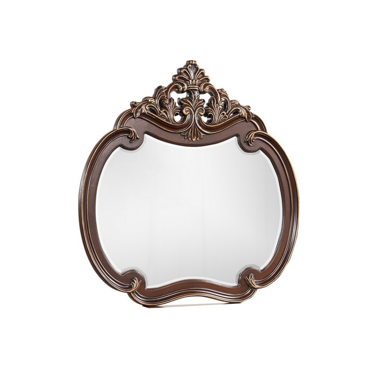 Mike 48 X 49 Buffet Mirror, Round Wood Frame Carved Crown Top, Cherry Brown - Saltoro Sherpi