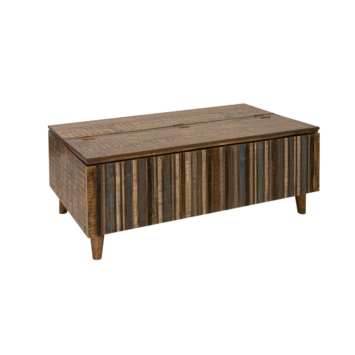 Texu 50 Inch Cocktail Table, Brown Blue Pine Wood, Hinged Top, Tapered Legs - Saltoro Sherpi