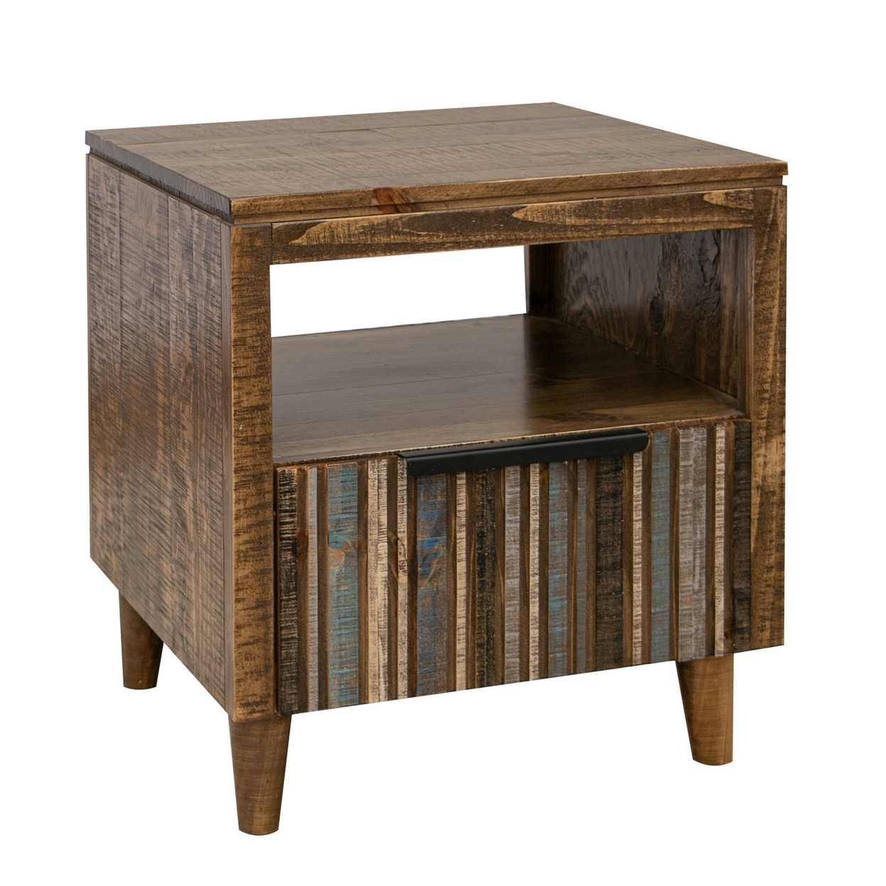 Texu 26 Inch Side End Table, Pine Wood, 1 Drawer, Open Shelf, Brown, Blue - Saltoro Sherpi