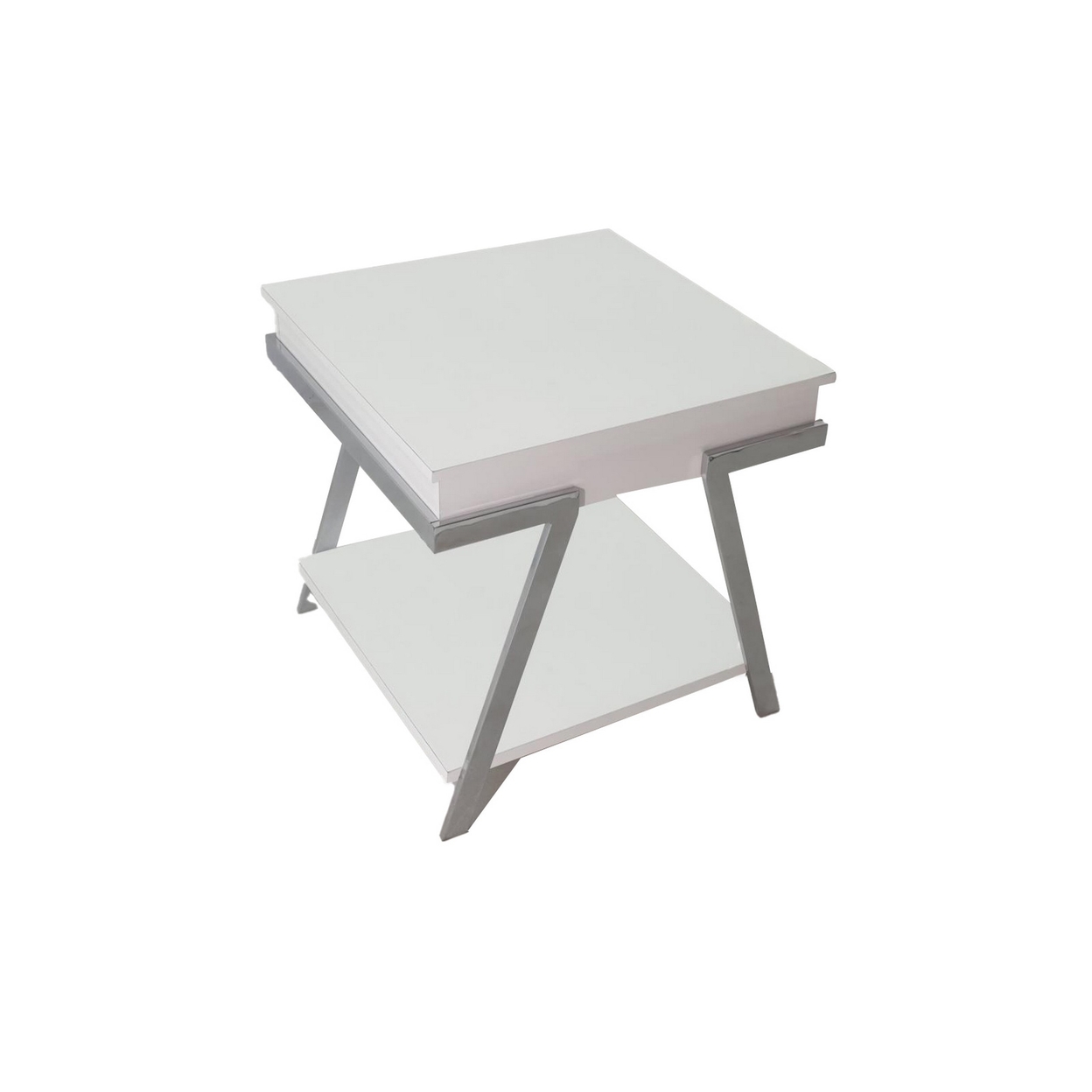 Casey 26 Inch End Table, Chrome Angled Metal Frame, Square Glossy White Top - Saltoro Sherpi