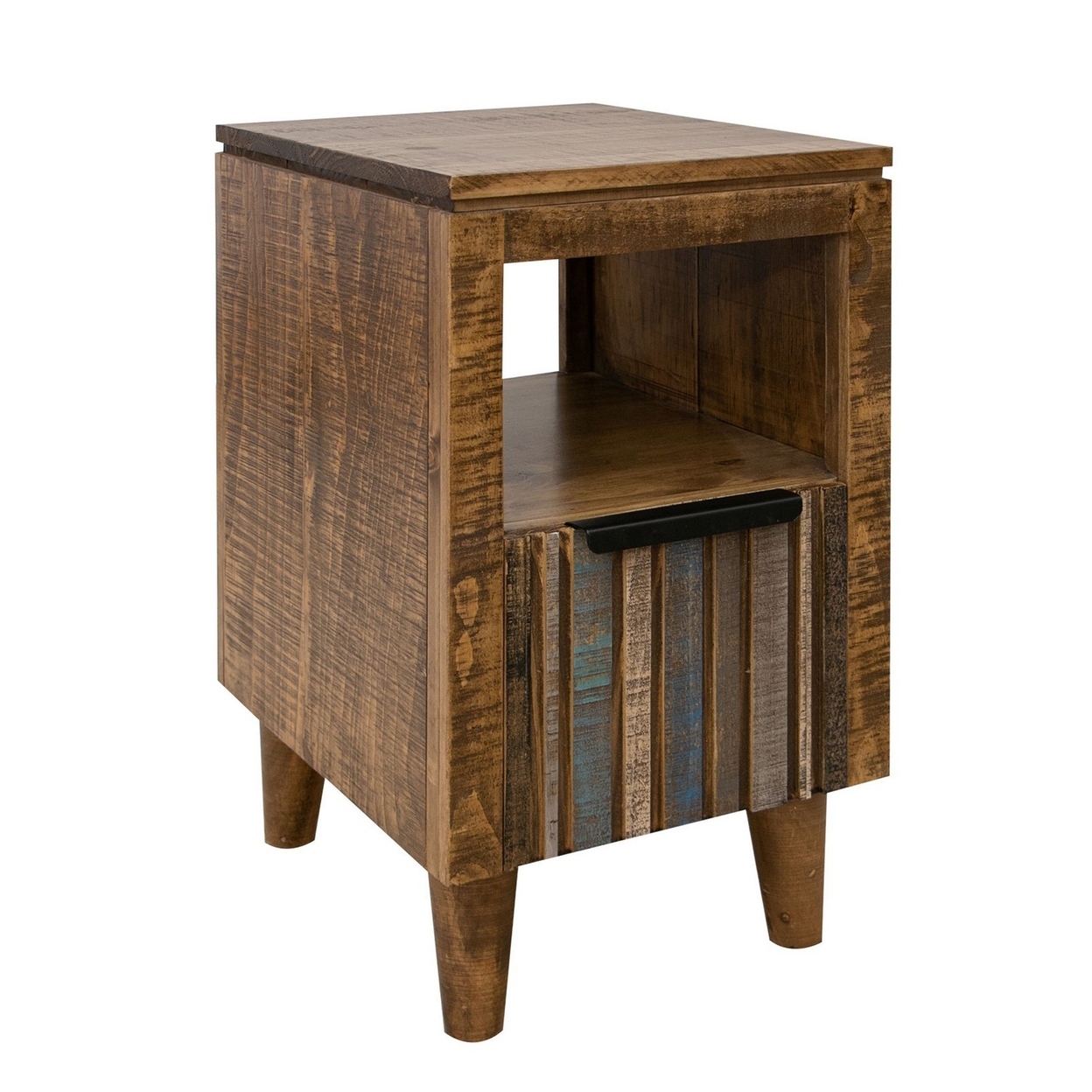 Texu 26 Inch Chairside Table, Pine Wood, 1 Drawer, Open Shelf, Brown, Blue - Saltoro Sherpi