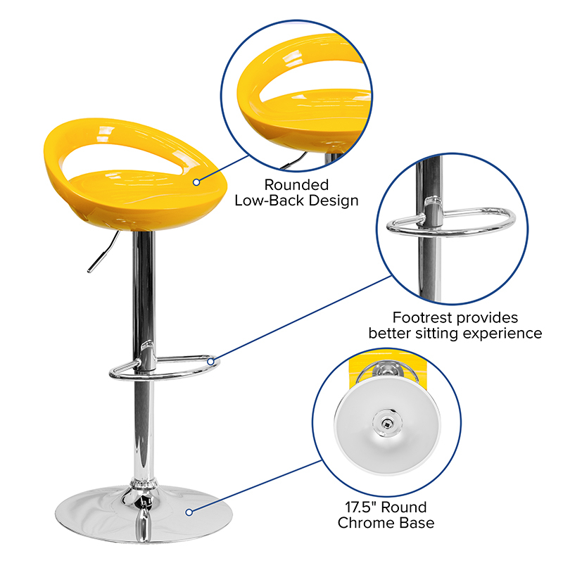 Contemporary Yellow Plastic Adjustable Height Barstool With Rounded Cutout Back And Chrome Base