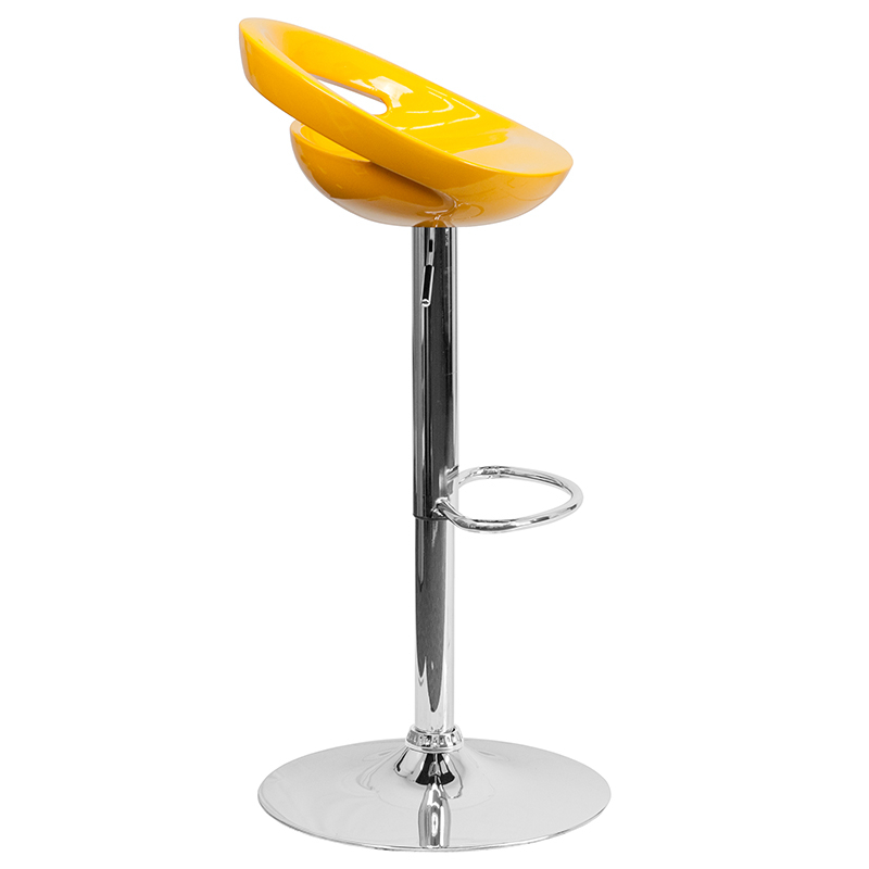 Contemporary Yellow Plastic Adjustable Height Barstool With Rounded Cutout Back And Chrome Base