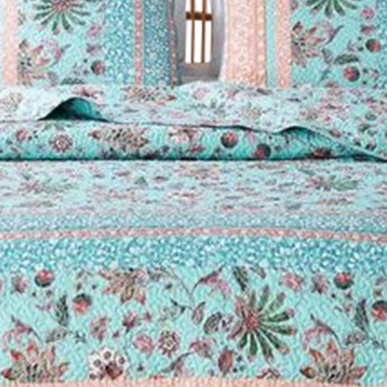 2 Piece Twin Quilt Set With Floral Print, Blue And White- Saltoro Sherpi
