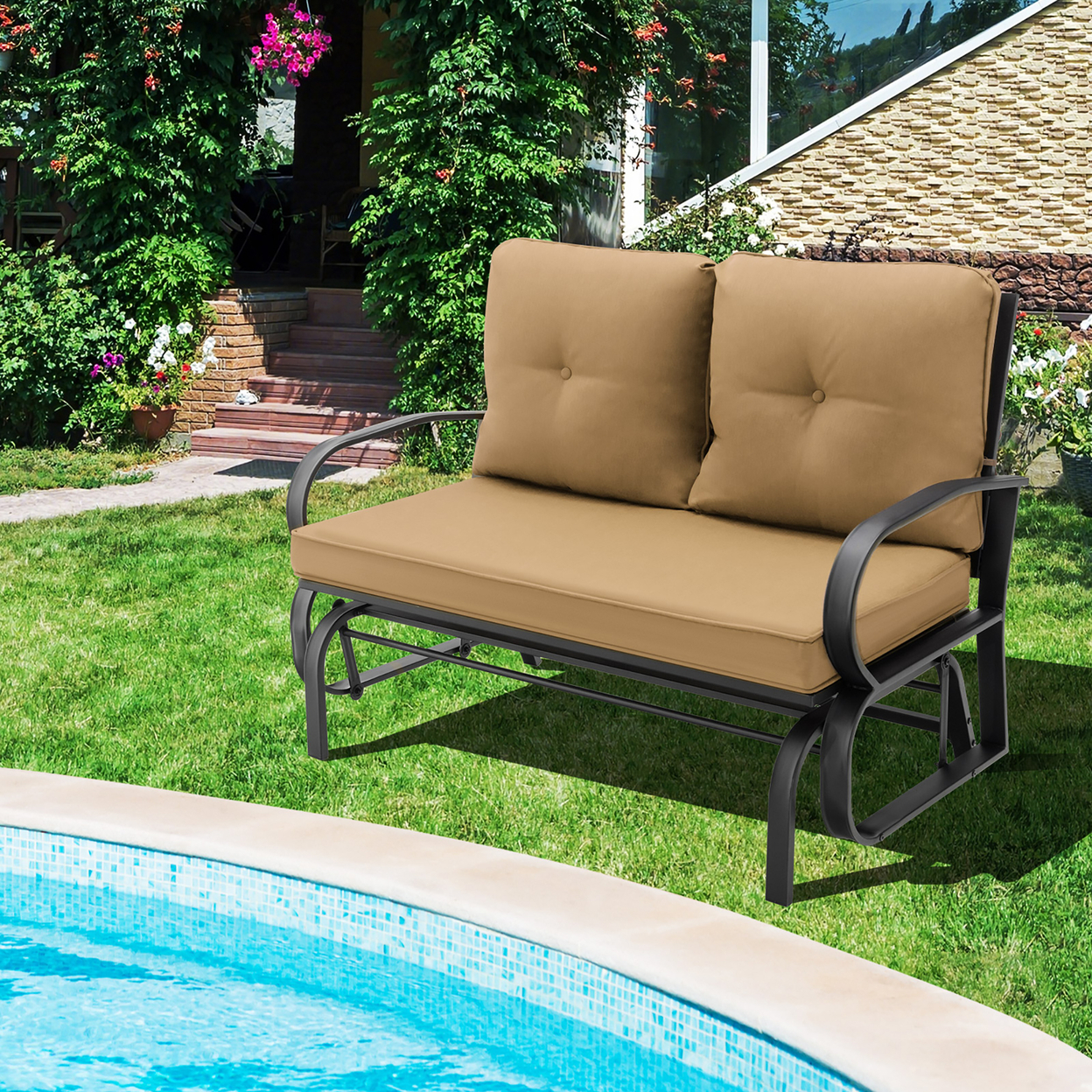 2-Person Outdoor Patio Glider Bench Swing Seat Bench W/ Seat & Back Cushions - Beige