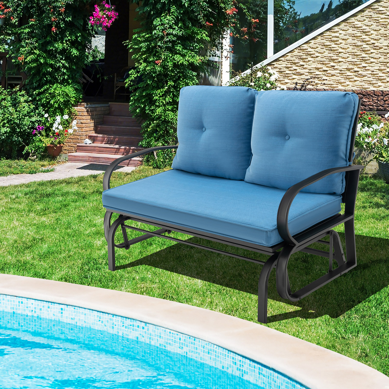 2-Person Outdoor Patio Glider Bench Swing Seat Bench W/ Seat & Back Cushions - Blue