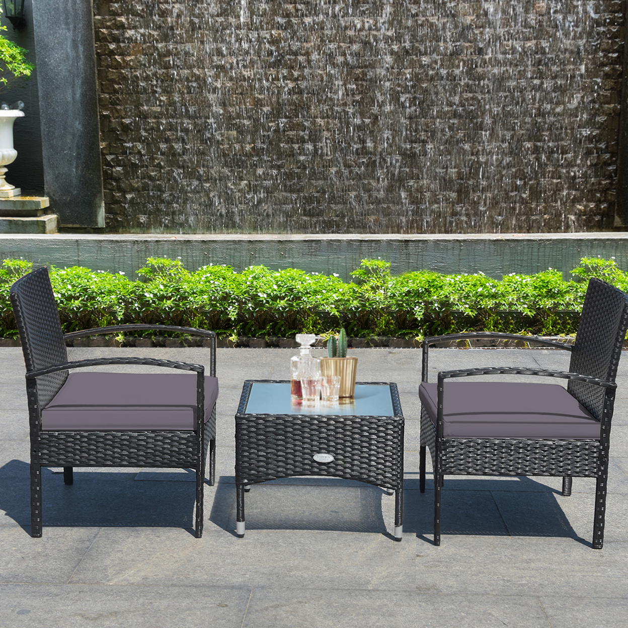 3 PCS Patio Wicker Rattan Furniture Set Coffee Table & 2 Rattan Chair W/ Cushion Grey
