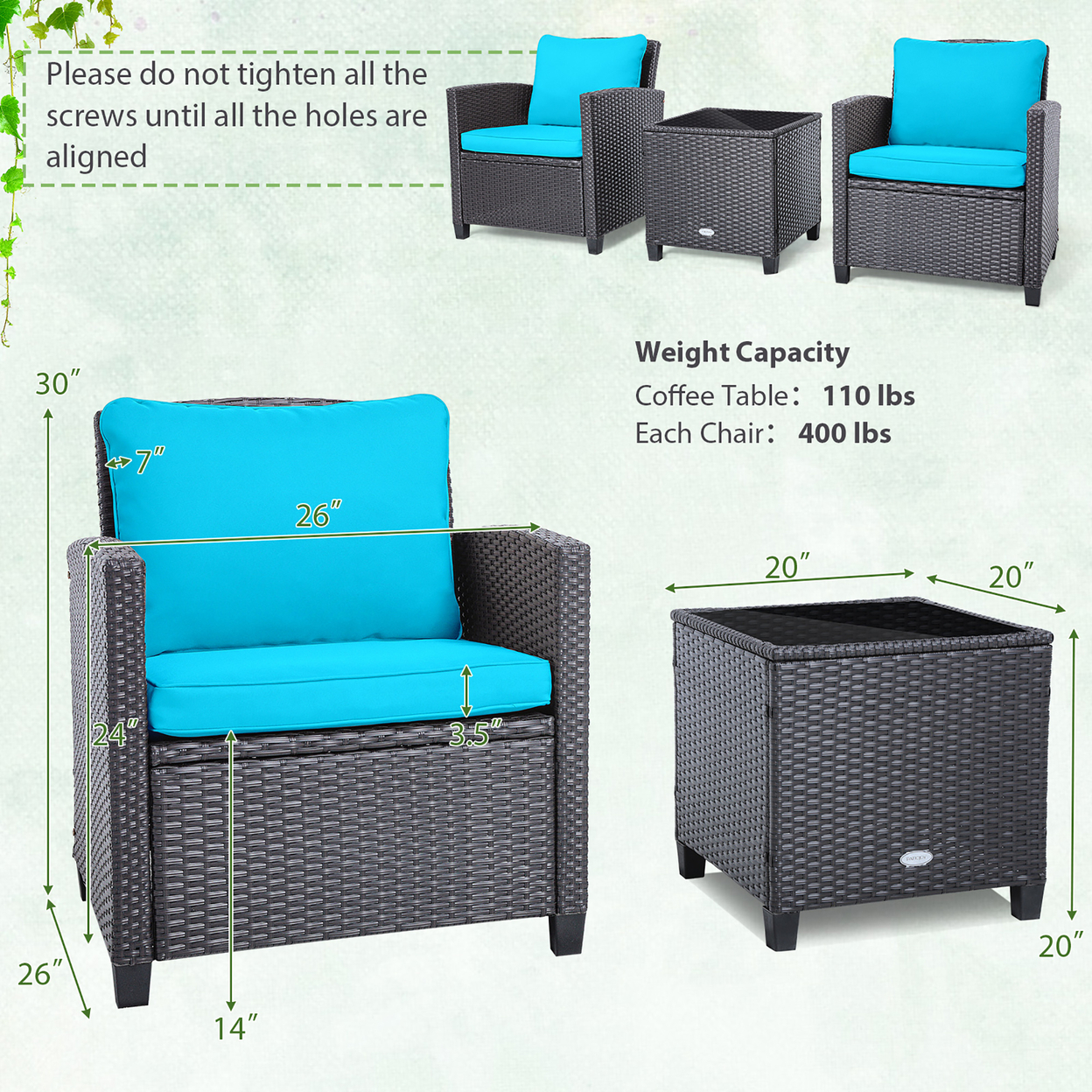 3PCS Outdoor Patio Rattan Conversation Set W/ Beige & Turquoise Cushion