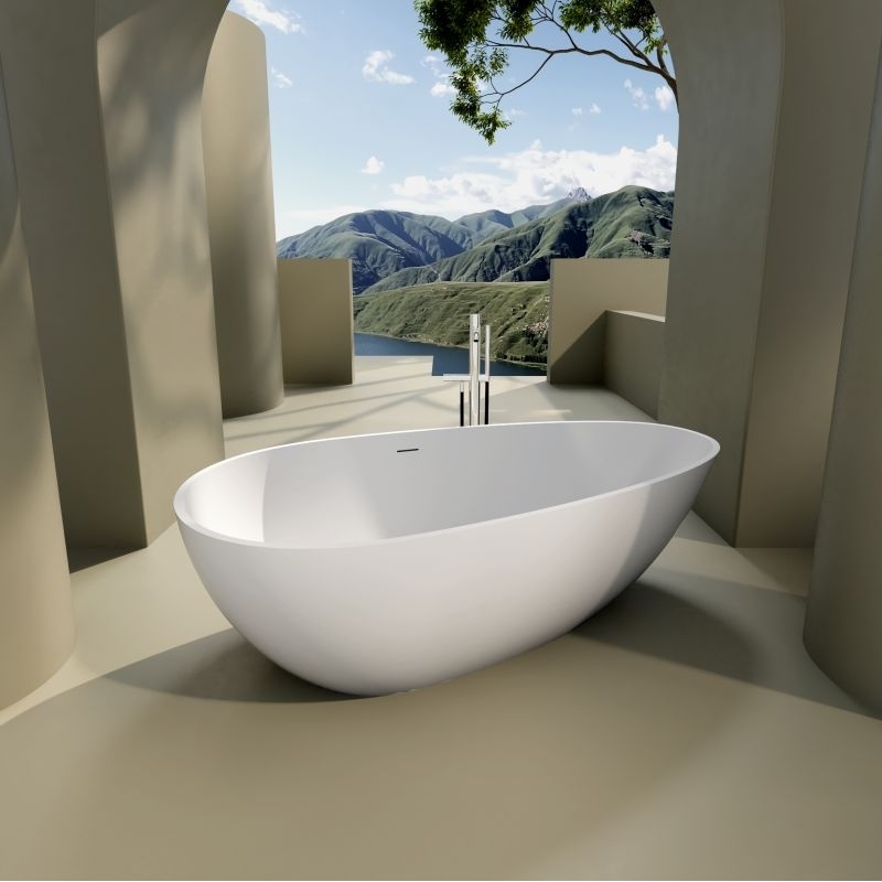 ExBrite 66.88L X 33W X 21H Matte White Contemporary Stone Resin Flatbottom Freestanding Soaking Bathtub