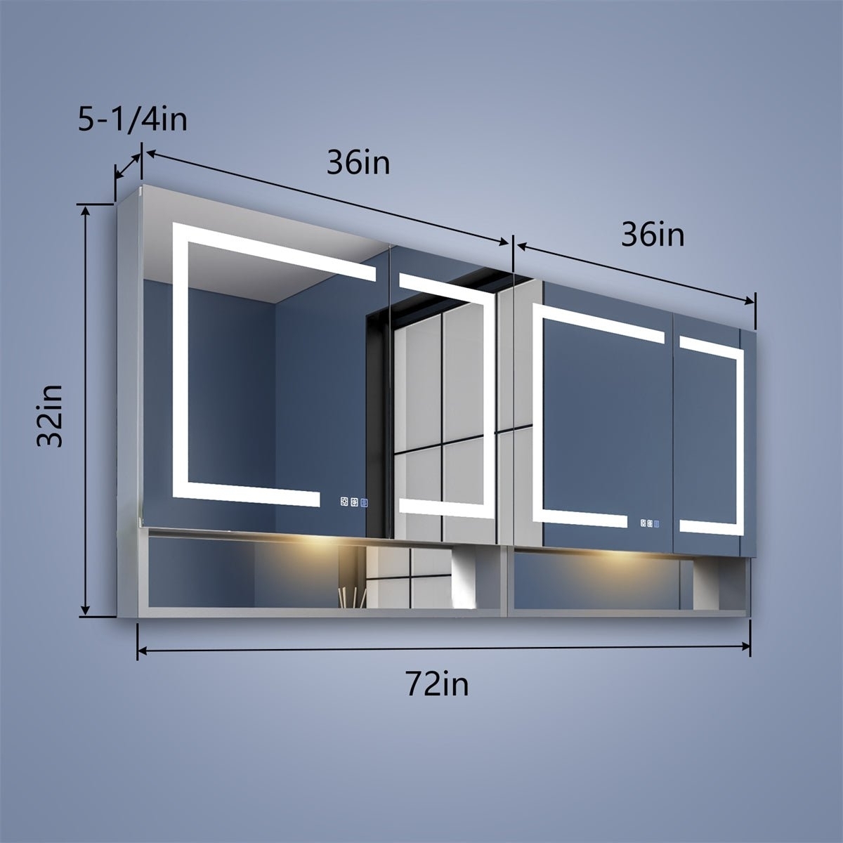 Ample 72 W X 32 H LED Lighted Mirror Chrome Medicine Cabinet With Shelves For Bathroom Recessed Or Surface Mount