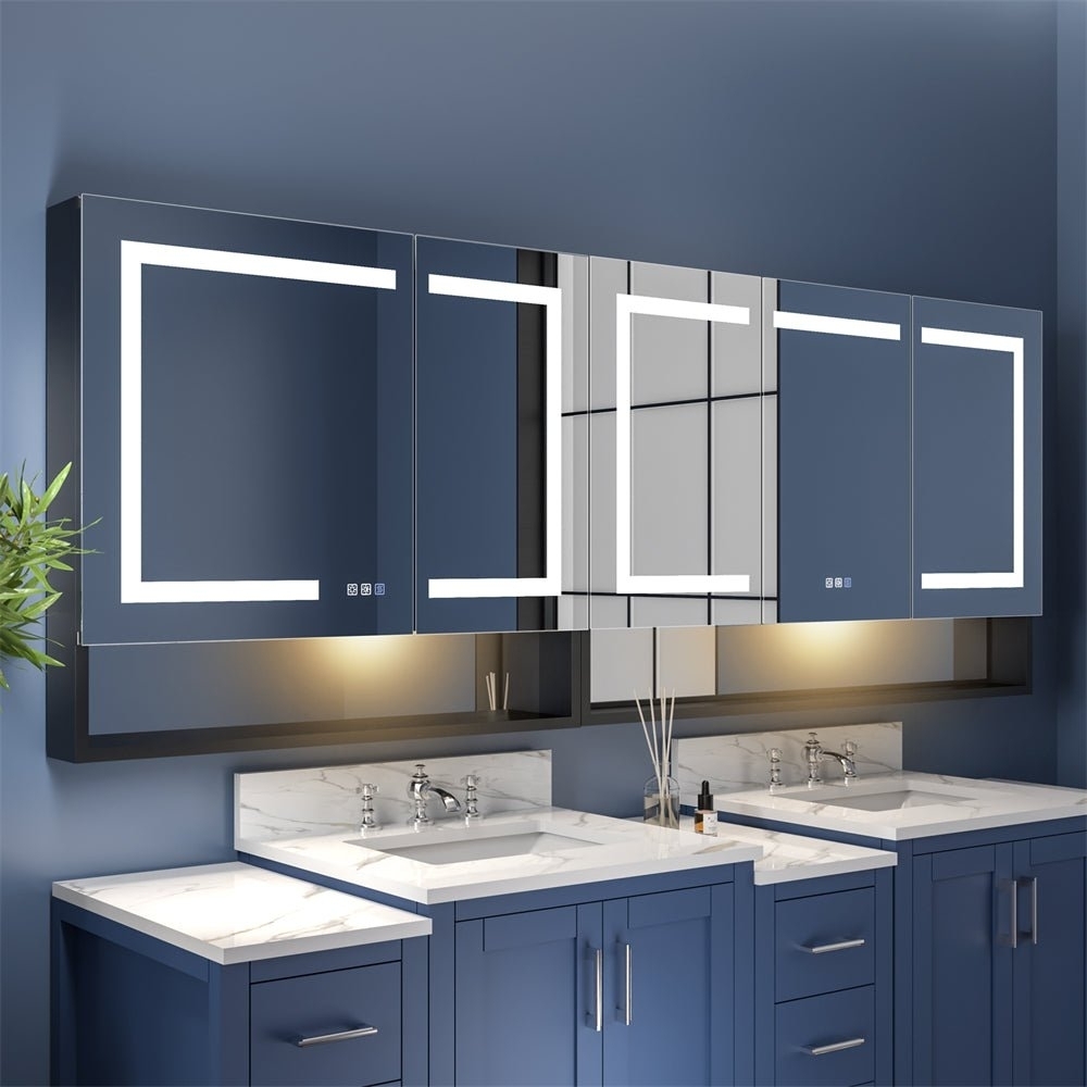 Ample 84 W X 32 H LED Lighted Mirror Black Medicine Cabinet With Shelves For Bathroom Recessed Or Surface Mount