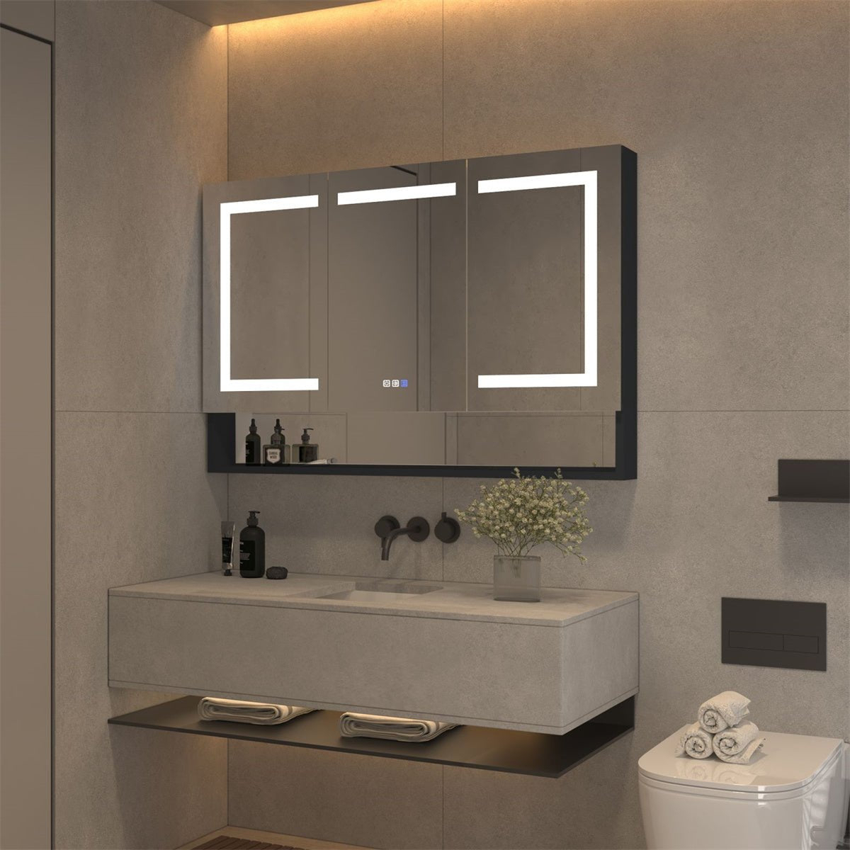 Ample 48 W X 32 H LED Lighted Mirror Black Medicine Cabinet With Shelves For Bathroom Recessed Or Surface Mount