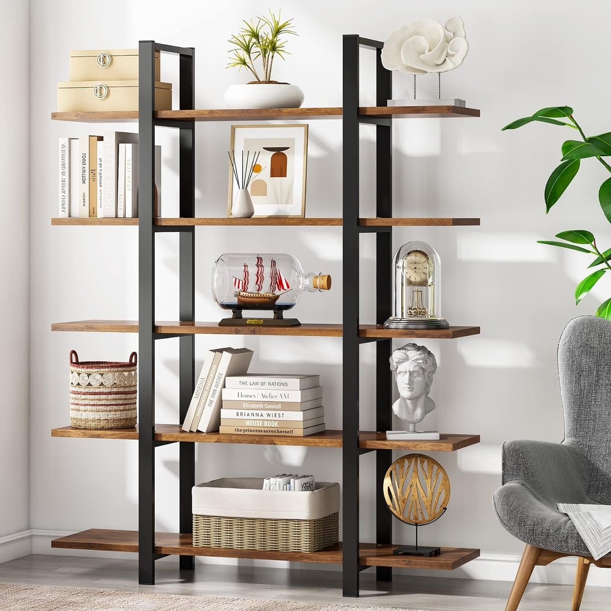 Tribesigns 5-Tier Bookshelf, Open Etagere Bookcase With Sturdy Metal Frame Rustic Brown