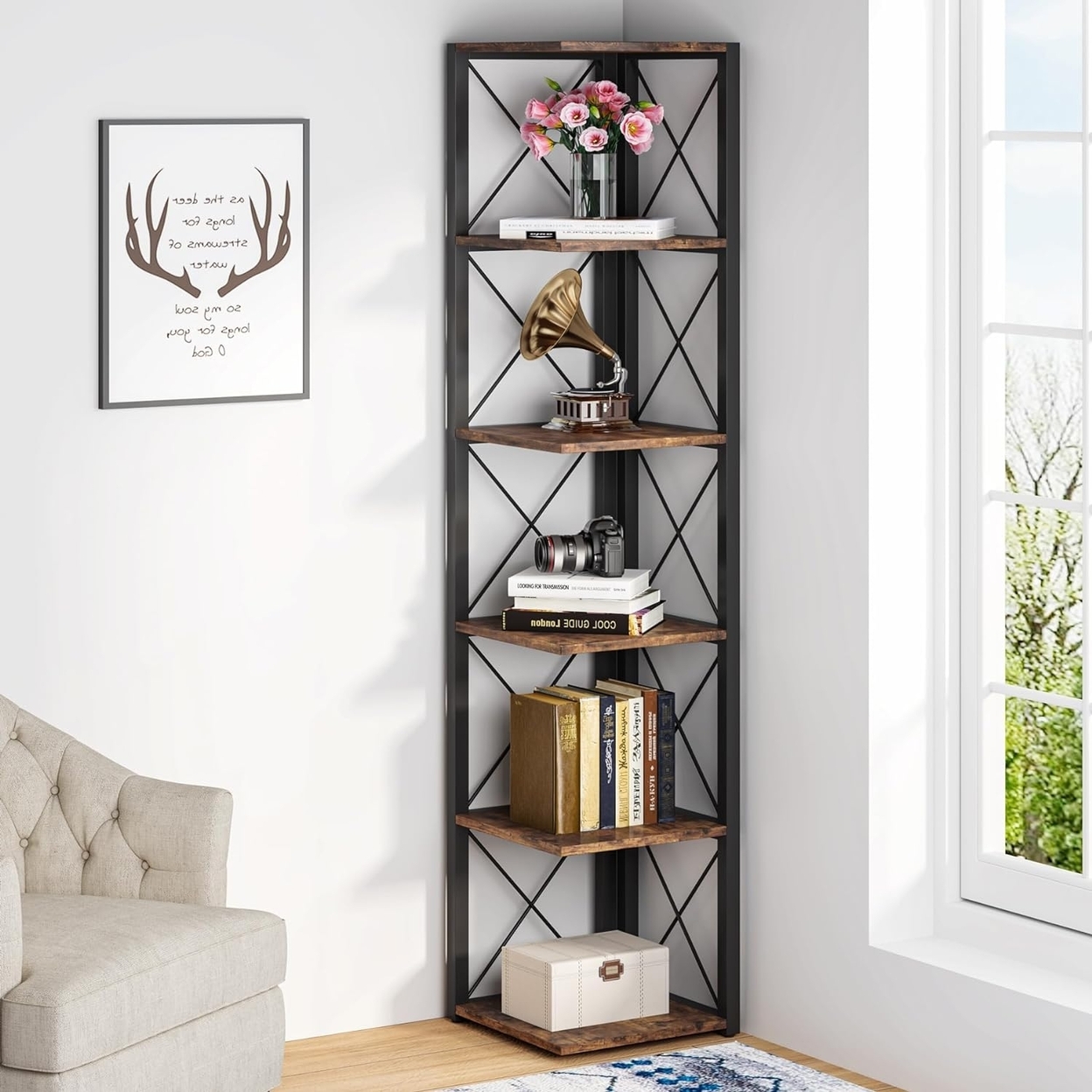 Tribesigns 6-Tier Corner Shelf, 70.8 Tall Rustic Corner Bookshelf Storage Etagere Bookcase - White