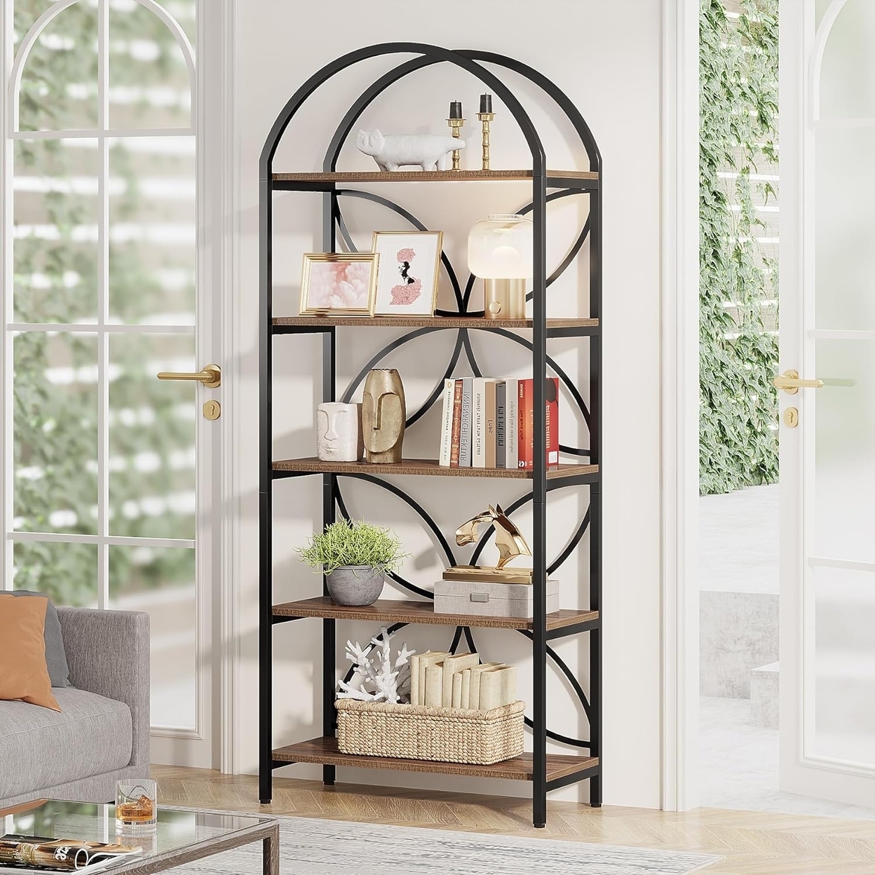 Tribesigns 74.8 5-Tier Bookshelf, Tall Arched Bookcase Shelf Storage Organizer, Industrial Book Rack With Metal Frame - 1pc