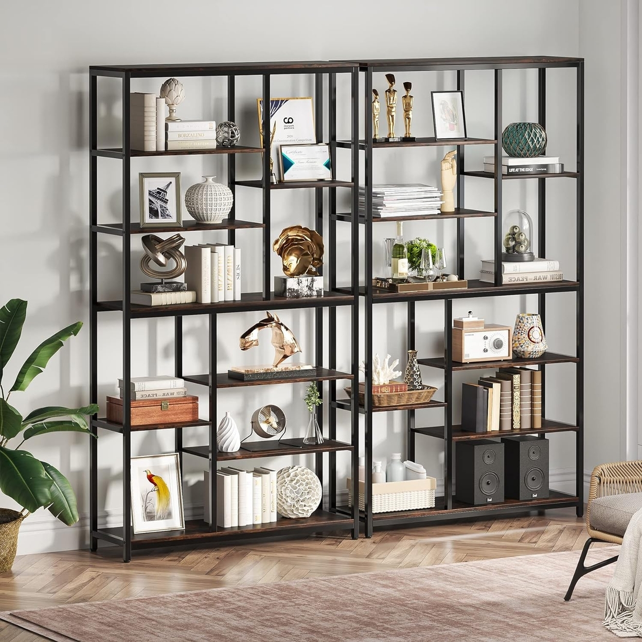 Tribesigns 78.74 Tall Bookcase With Open Shelves, 9-Tier Industrial Bookshelf, 10 Cubes Etagere Storage Shelves Display Shelf - 2pcs