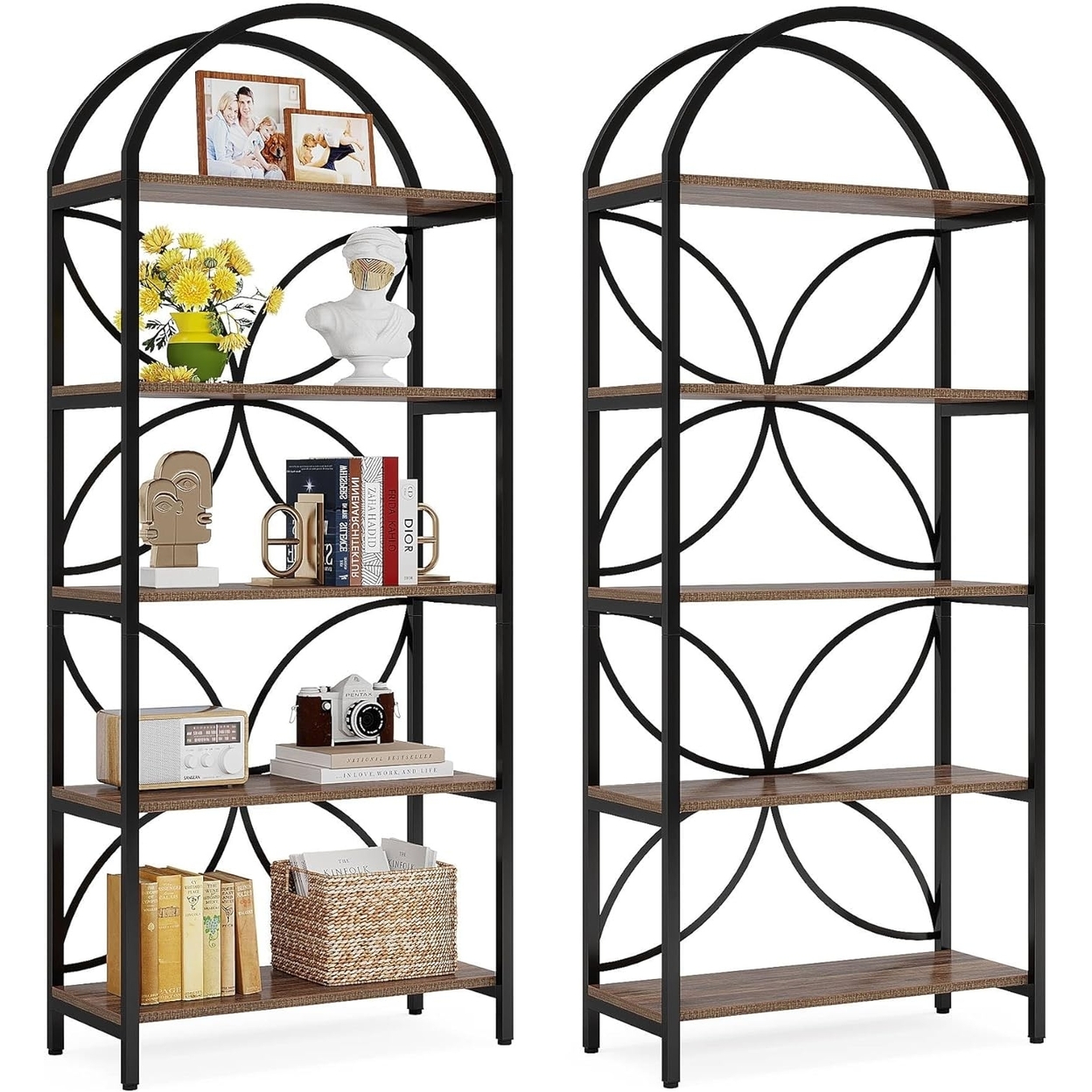 Tribesigns 74.8 5-Tier Bookshelf, Tall Arched Bookcase Shelf Storage Organizer, Industrial Book Rack With Metal Frame - 2pcs