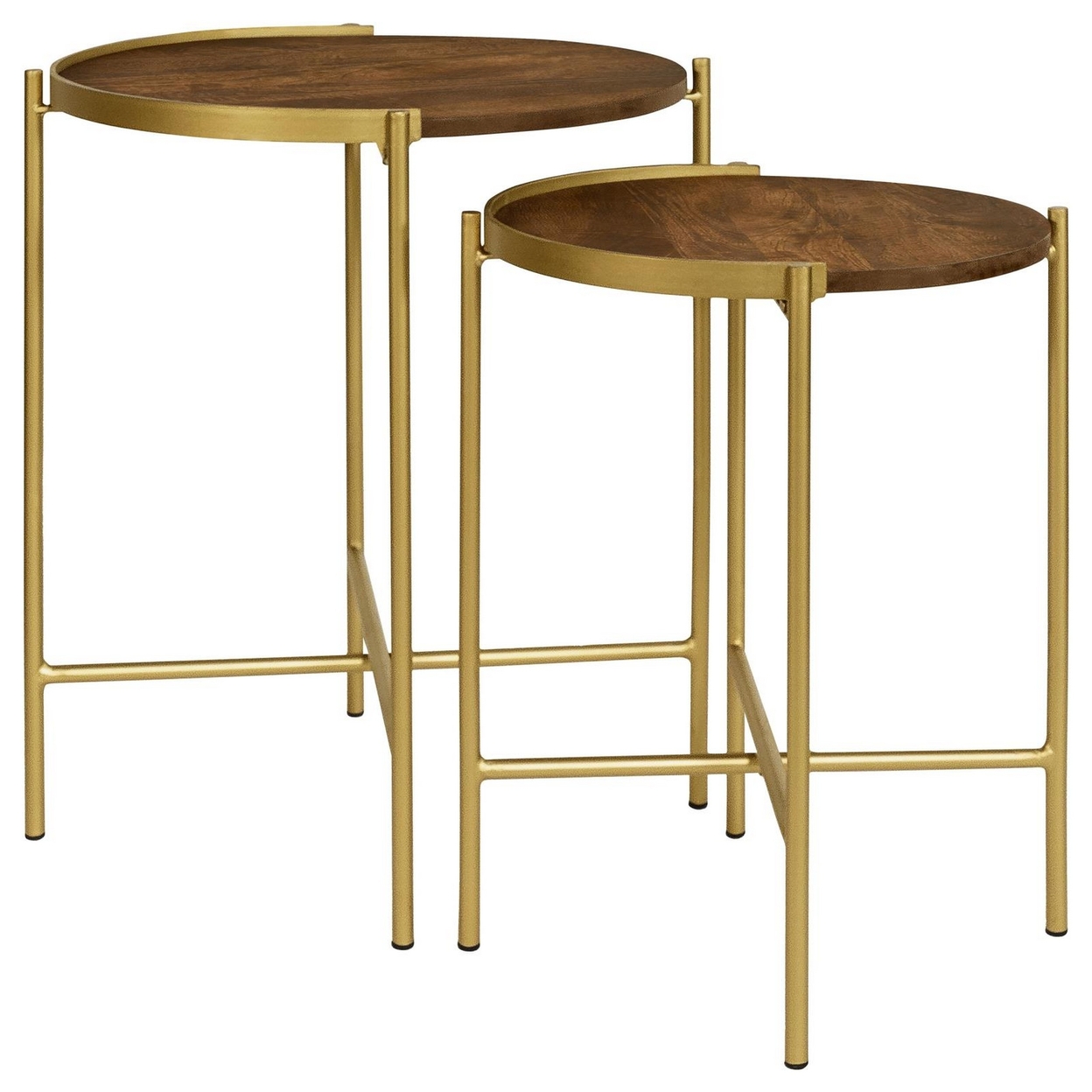 2 Piece Round Nesting Tables, Gold Iron, Modern Mango Wood, Warm Brown -Saltoro Sherpi