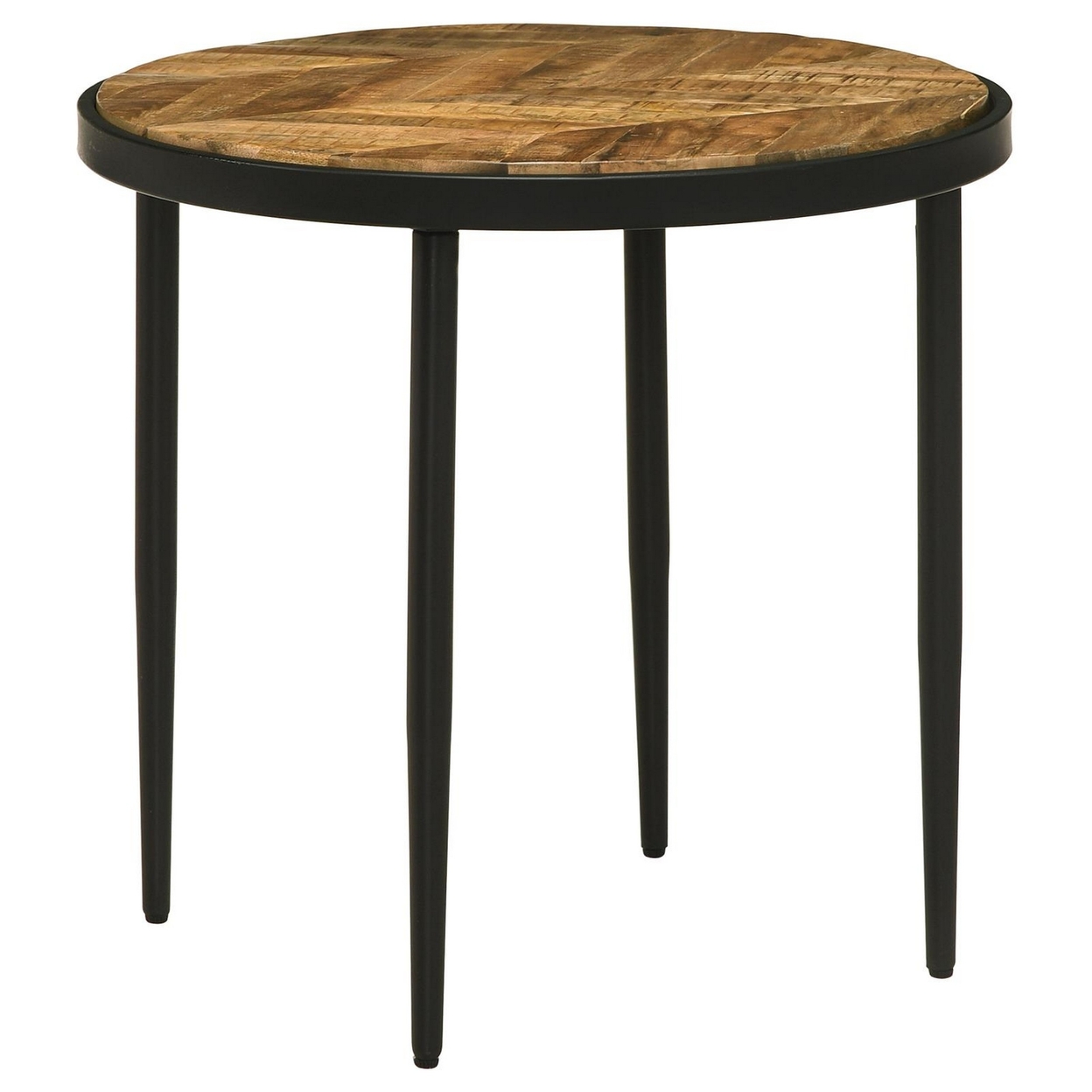 21 Inch Side End Table, Round Top, Black Tapered Legs, Mango Wood, Brown -Saltoro Sherpi