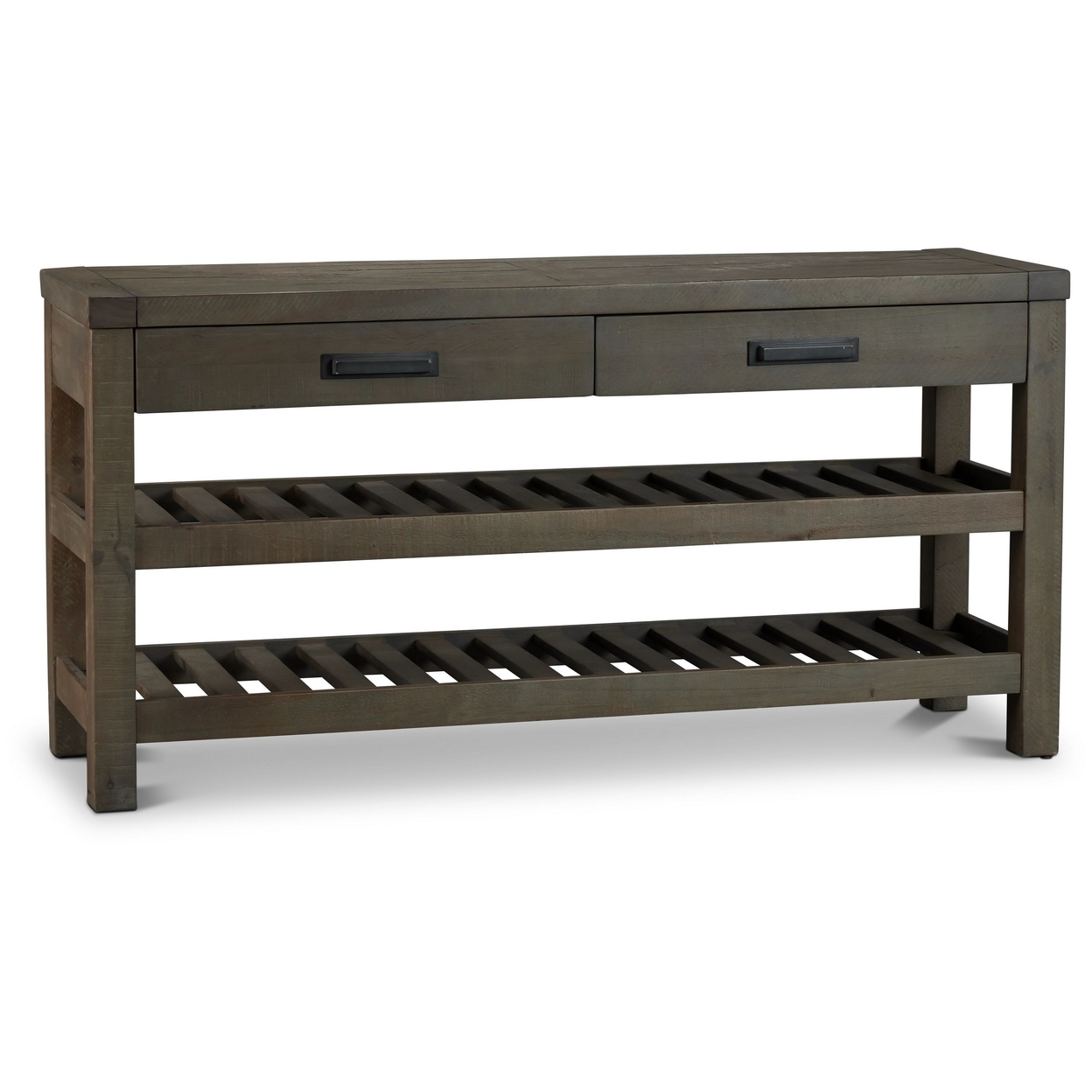 Tarn 60 Inch Console Table, 2 Drawers, 2 Open Shelves, Rustic Gray Wood -Saltoro Sherpi