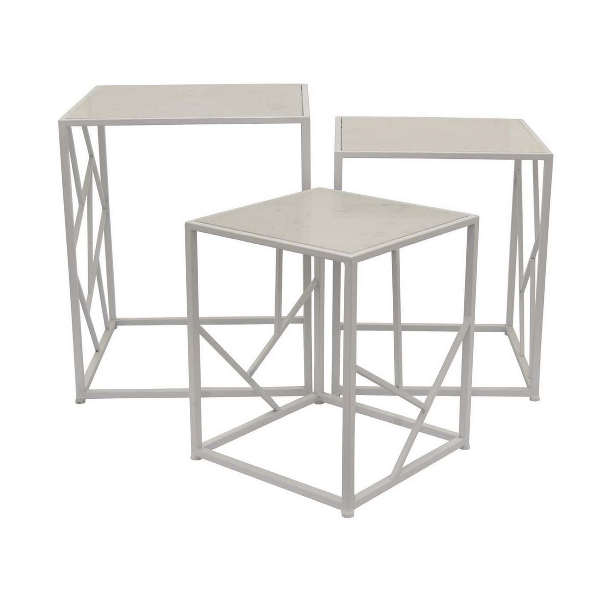 Laury 24 Inch Plant Stand Table Set Of 3, Square, Metal, White Finish -Saltoro Sherpi