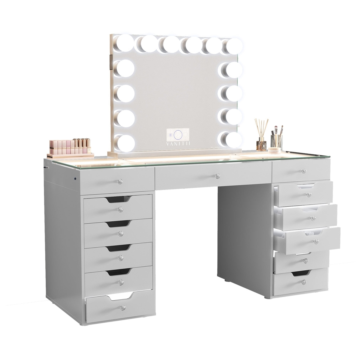 Niki 60 Inch Vanity Desk, 13 Drawers, USB Port, Glass Tabletop, White - Saltoro Sherpi