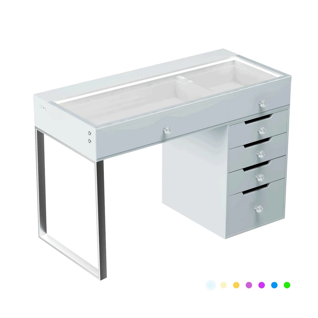 Fili 47 Inch Vanity Desk Pro, 6 Drawers, USB, RGB, Glass Tabletop, White - Saltoro Sherpi