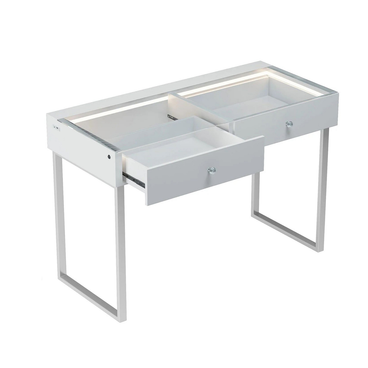 Yli 39 Inch Vanity Desk, 2 Drawers, USB Charge Port, Glass Tabletop, White - Saltoro Sherpi