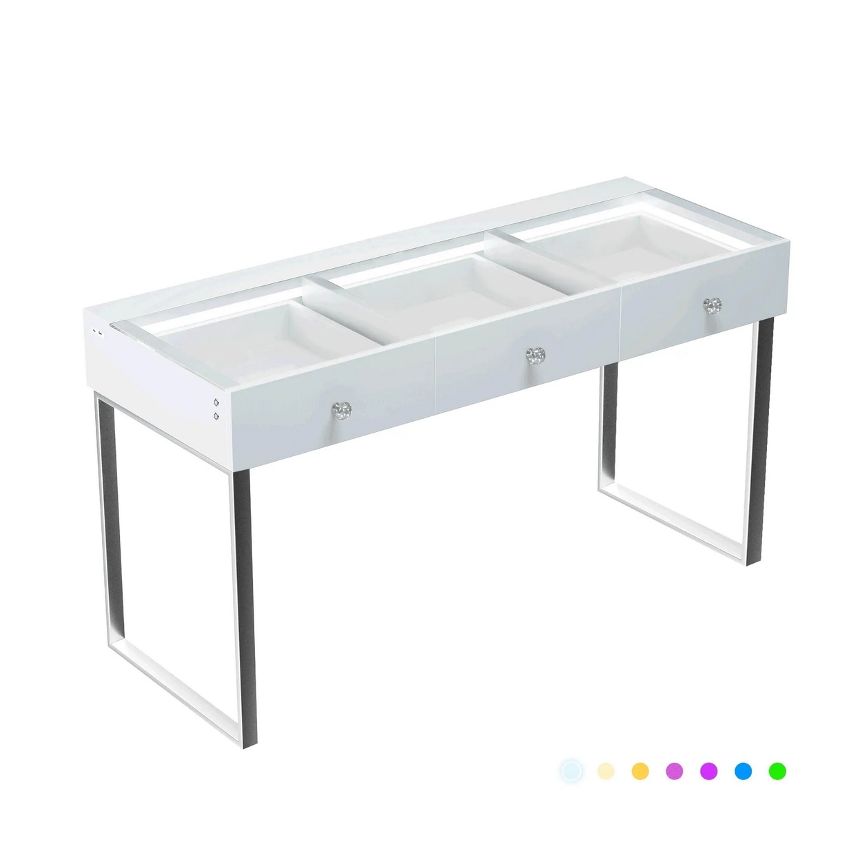 Yli 47 Inch Vanity Desk Pro, 3 Drawers, USB, RGB, Glass Tabletop, White - Saltoro Sherpi
