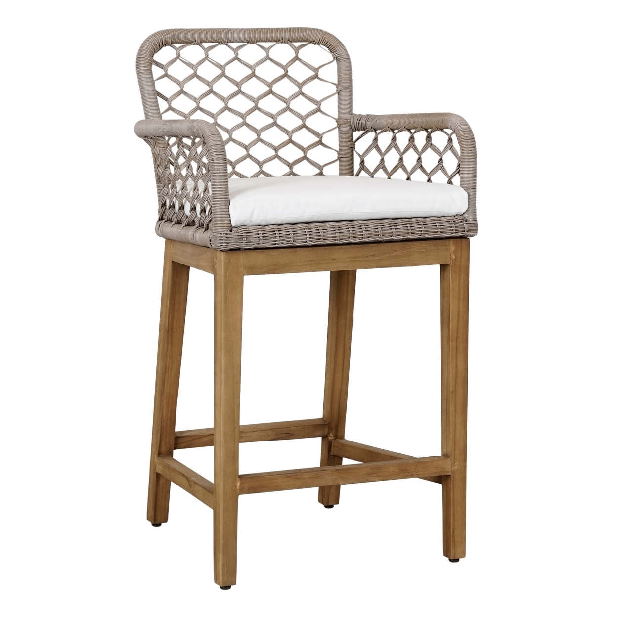 Aok 27 Inch Outdoor Counter Stool Chair, Gray Woven Rope, Curved, Brown Teak -Saltoro Sherpi