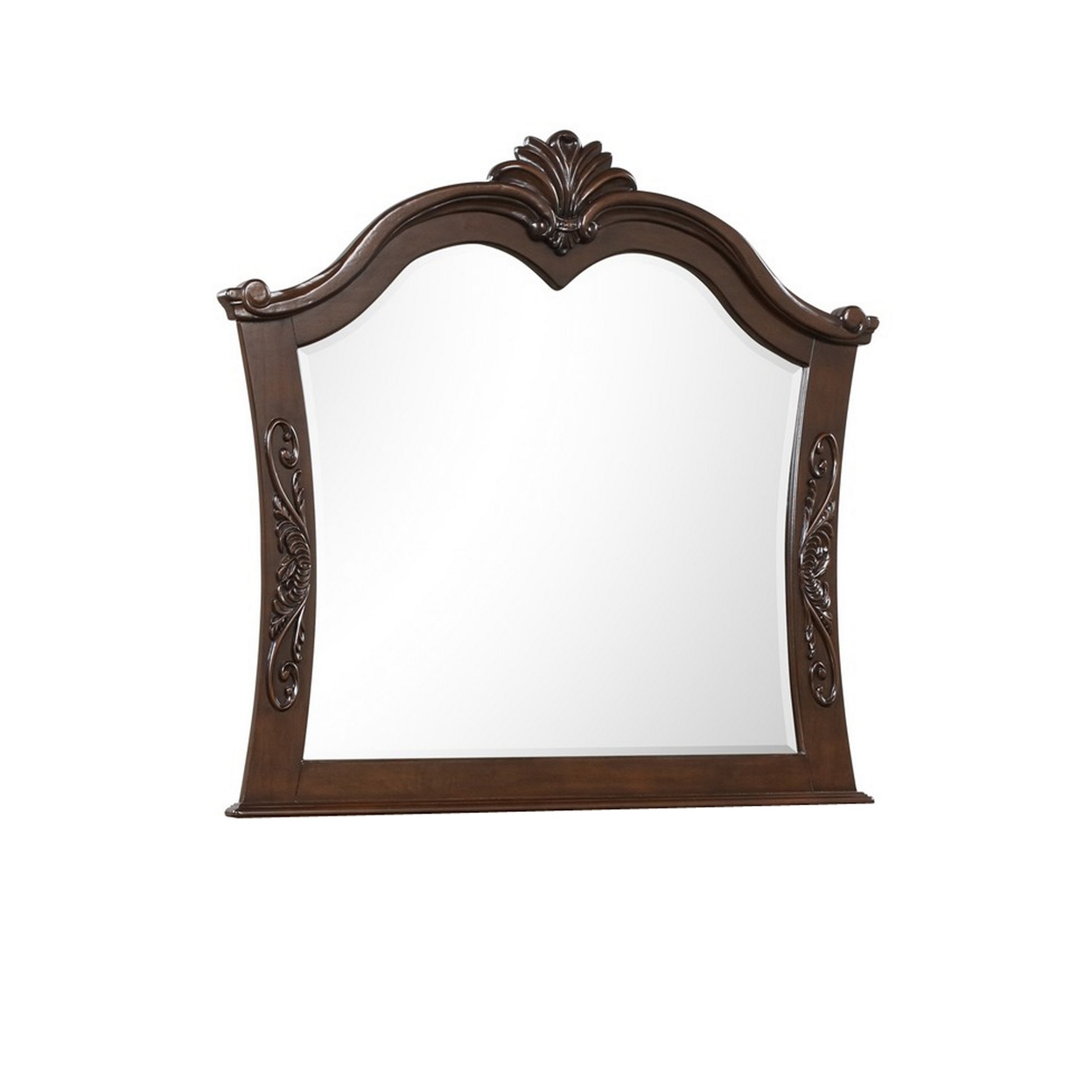 Akil 43 X 46 Dresser Mirror, Classic Arched Edges, Floral Carved Cherry Brown -Saltoro Sherpi
