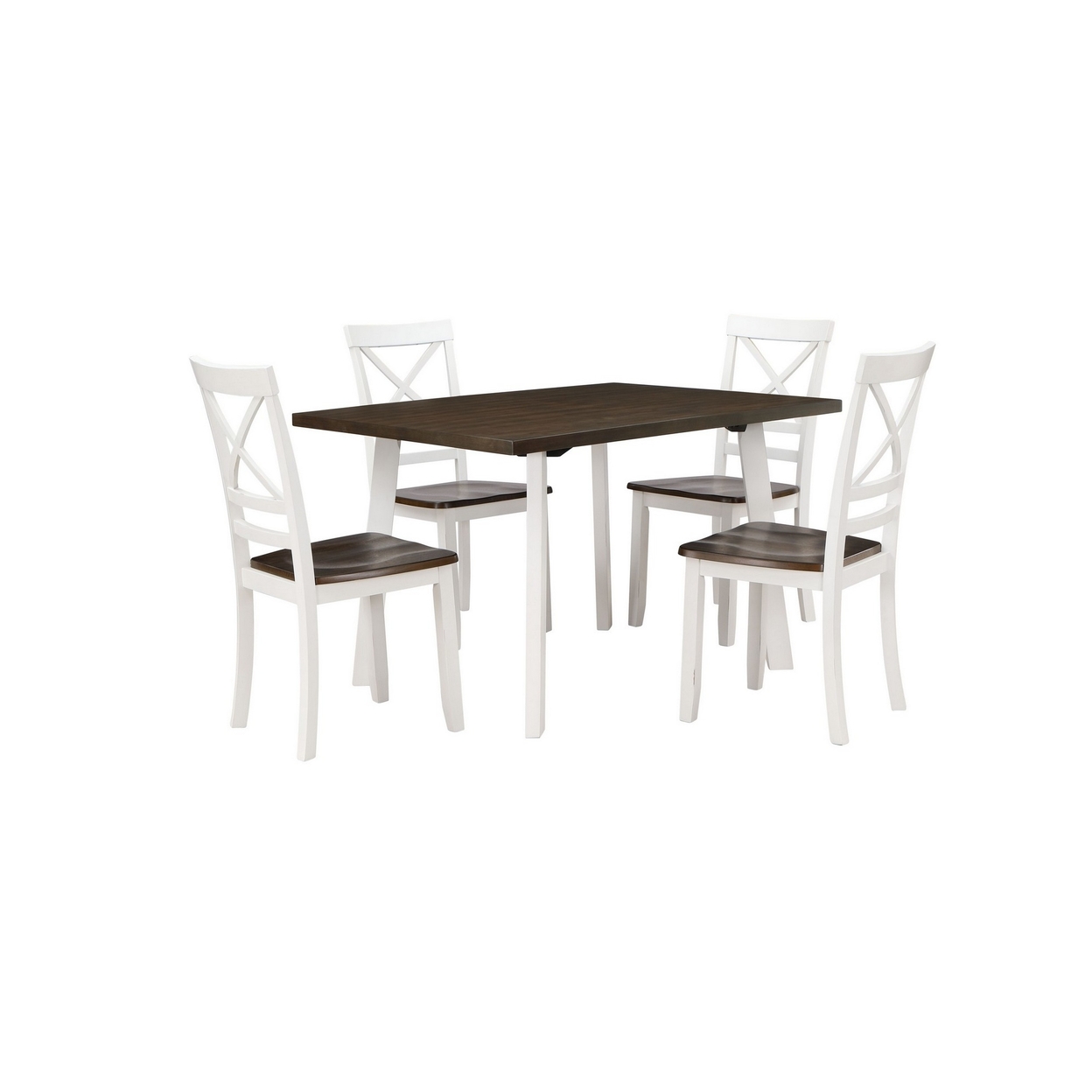 Dera 5 Piece Dining Table Set, 4 Crossback Rubberwood Chairs, Brown, White -Saltoro Sherpi