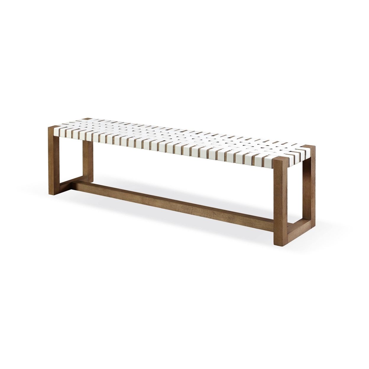 Rux 68 Inch Dining Bench With White Faux Leather Woven Seat, Brown Wood -Saltoro Sherpi