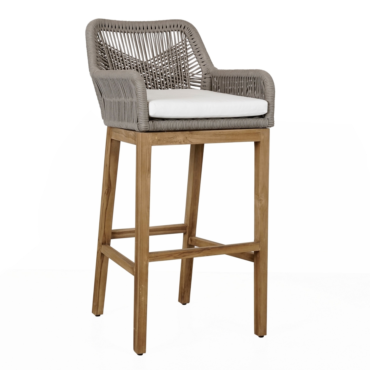 Navi 33 Inch Outdoor Barstool Chair, Woven Rope Crossed, Gray, Brown Teak -Saltoro Sherpi