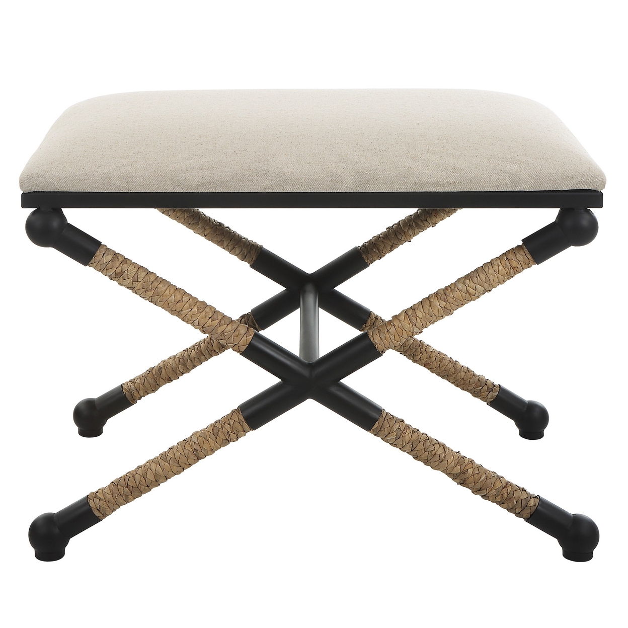 24 Inch Accent Stool, Cusioned Seat, Iron Black Frame, Off White Upholstery -Saltoro Sherpi