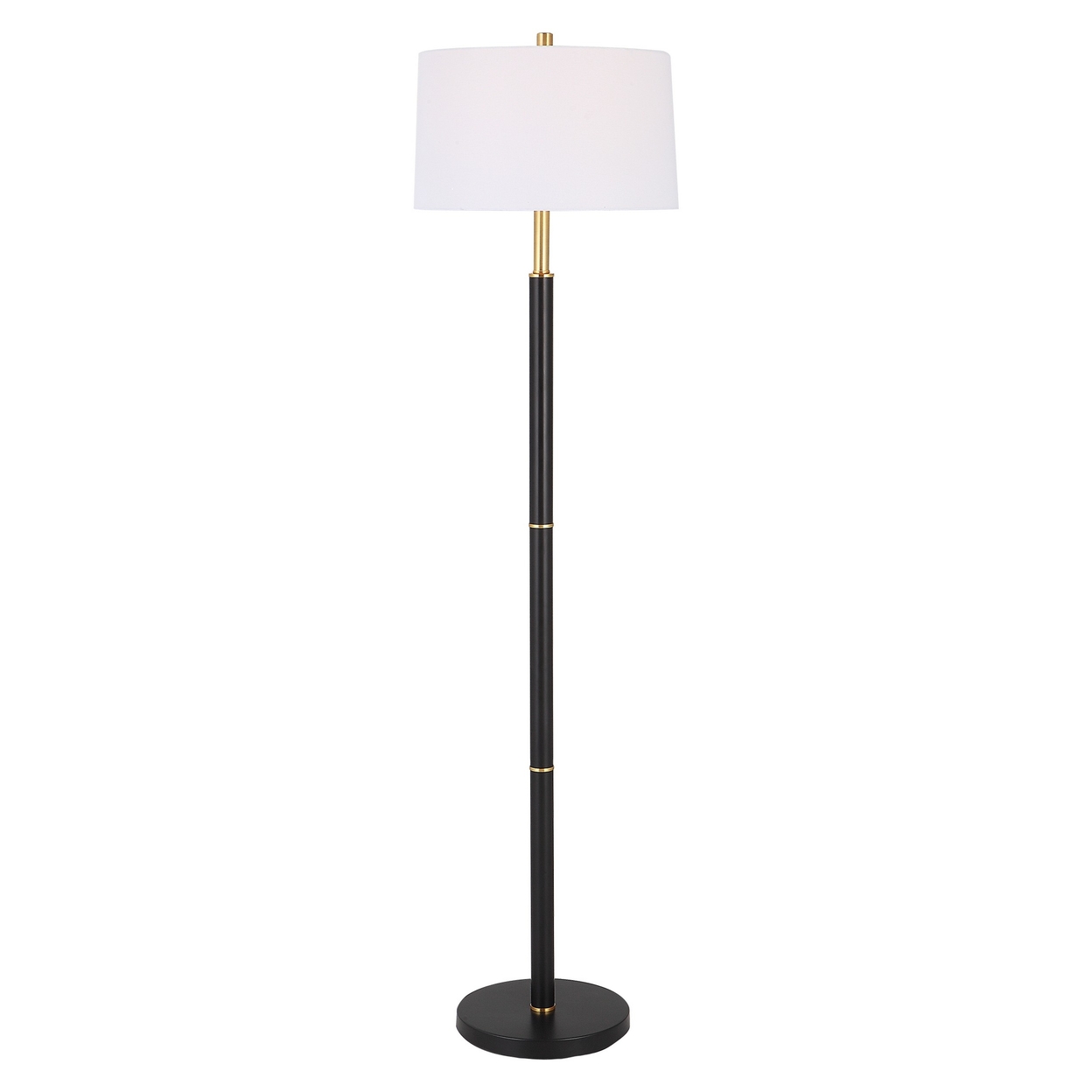 62 Inch Floor Lamp, White Tapered Hardback Shade, Black With Gold Accents -Saltoro Sherpi