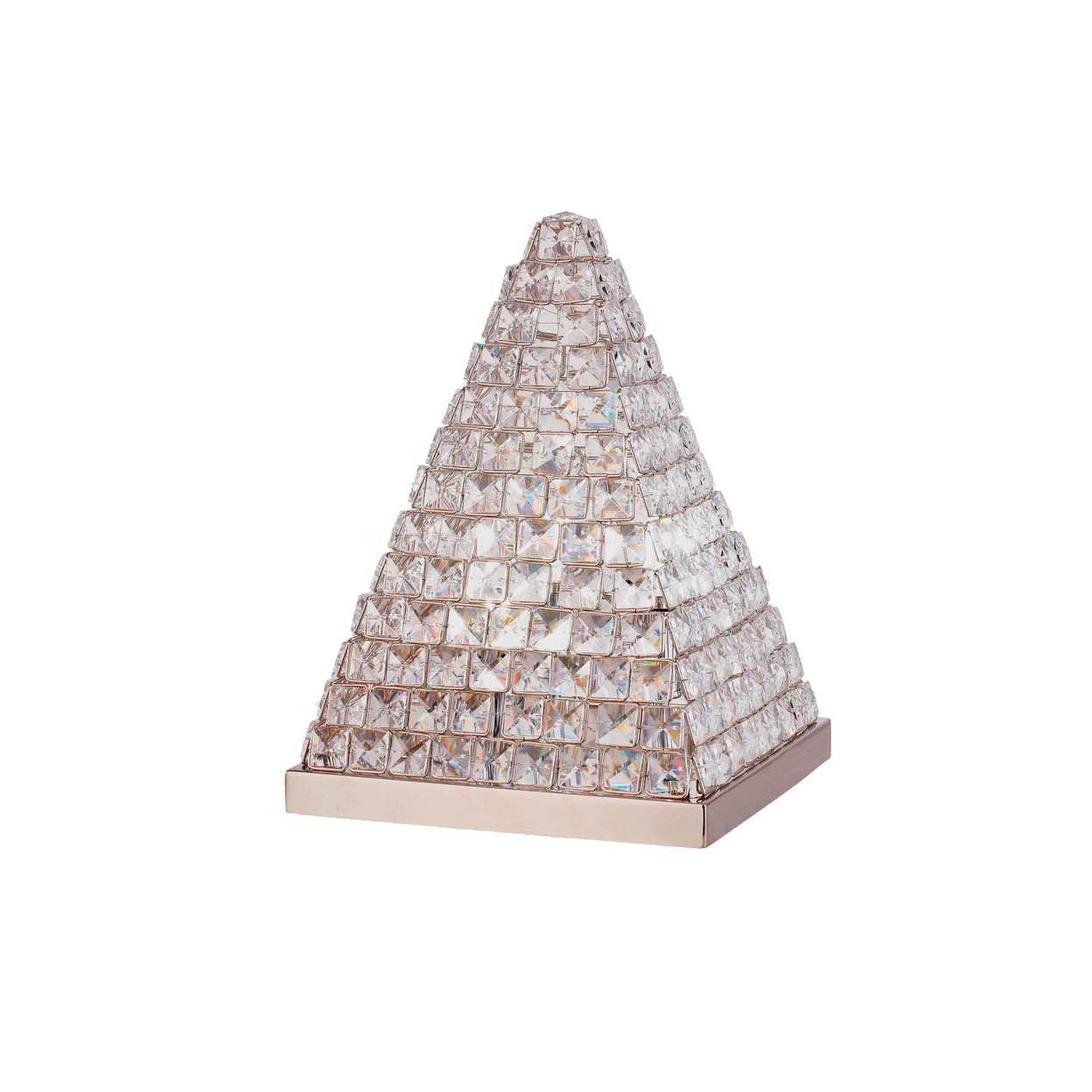 14 Inch Table Lamp, Crystal Pyramid Shaped Frame, Stone Studded, Silver -Saltoro Sherpi